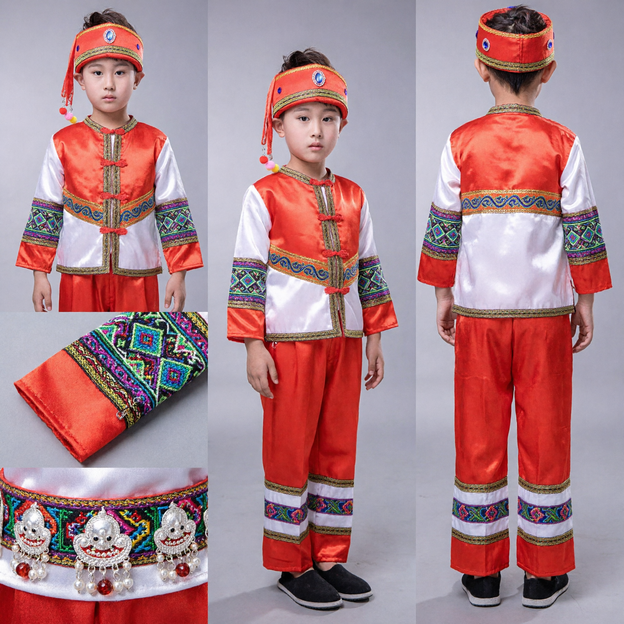Boys Chinese Traditional Ethnic Folk Dance Costume Kids Minority Stage Performance Outfit Red Embroidered Vest Set