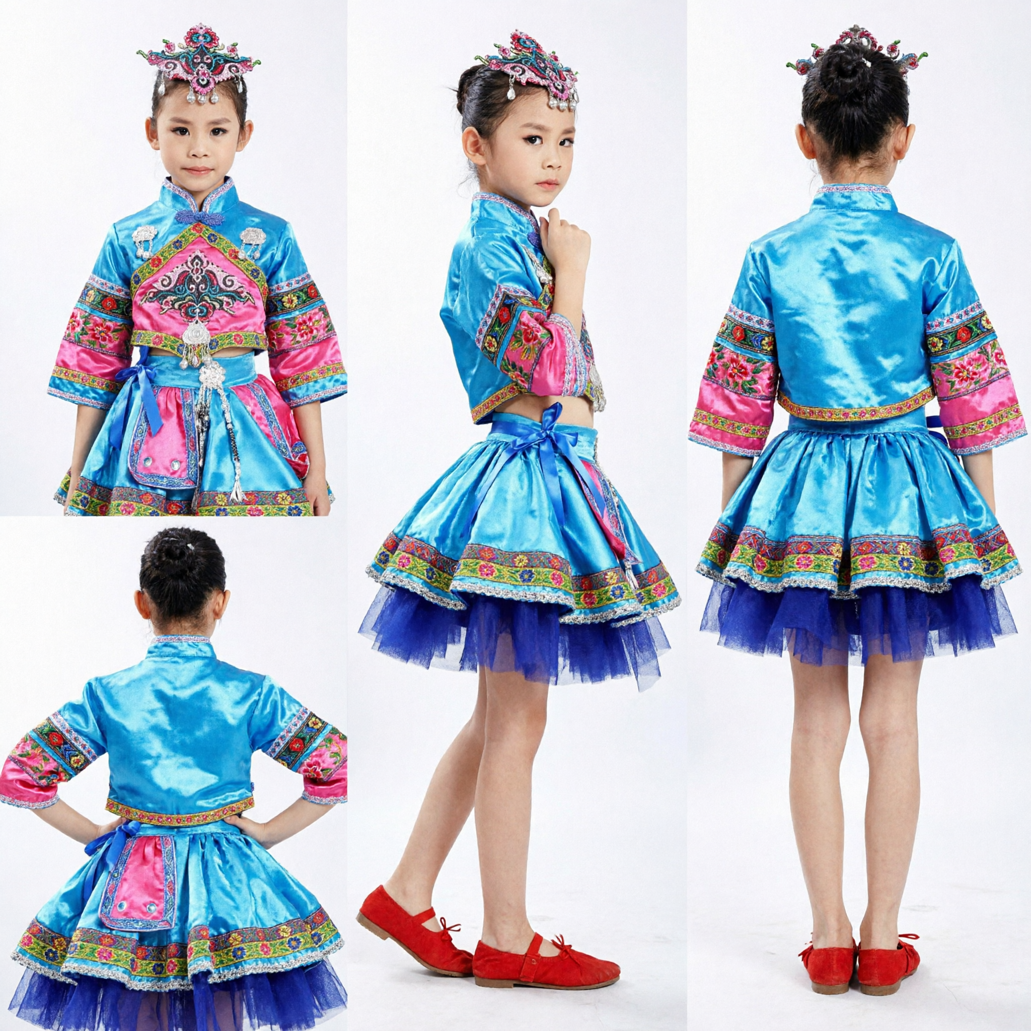 Kids Chinese Traditional Ethnic Minority Dance Costume Blue Pink Folk Stage Performance Outfit for Girls