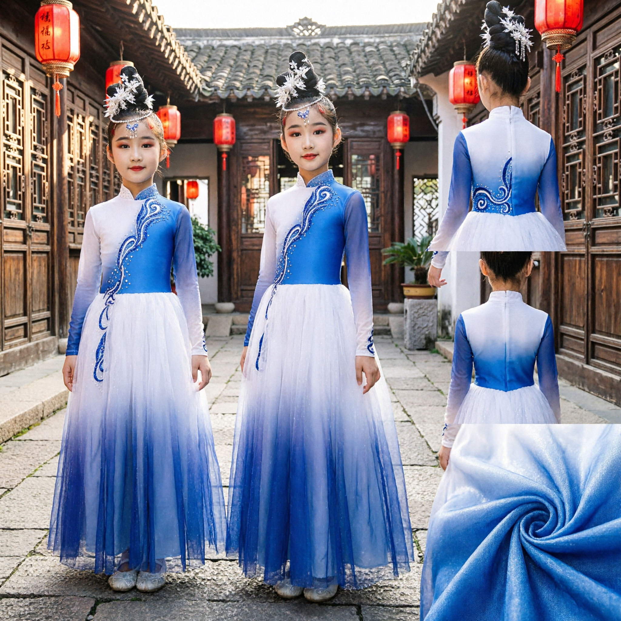 Chinese Classical Dance Costume for Kids Girls Blue White Gradient Hanfu Stage Performance Dress