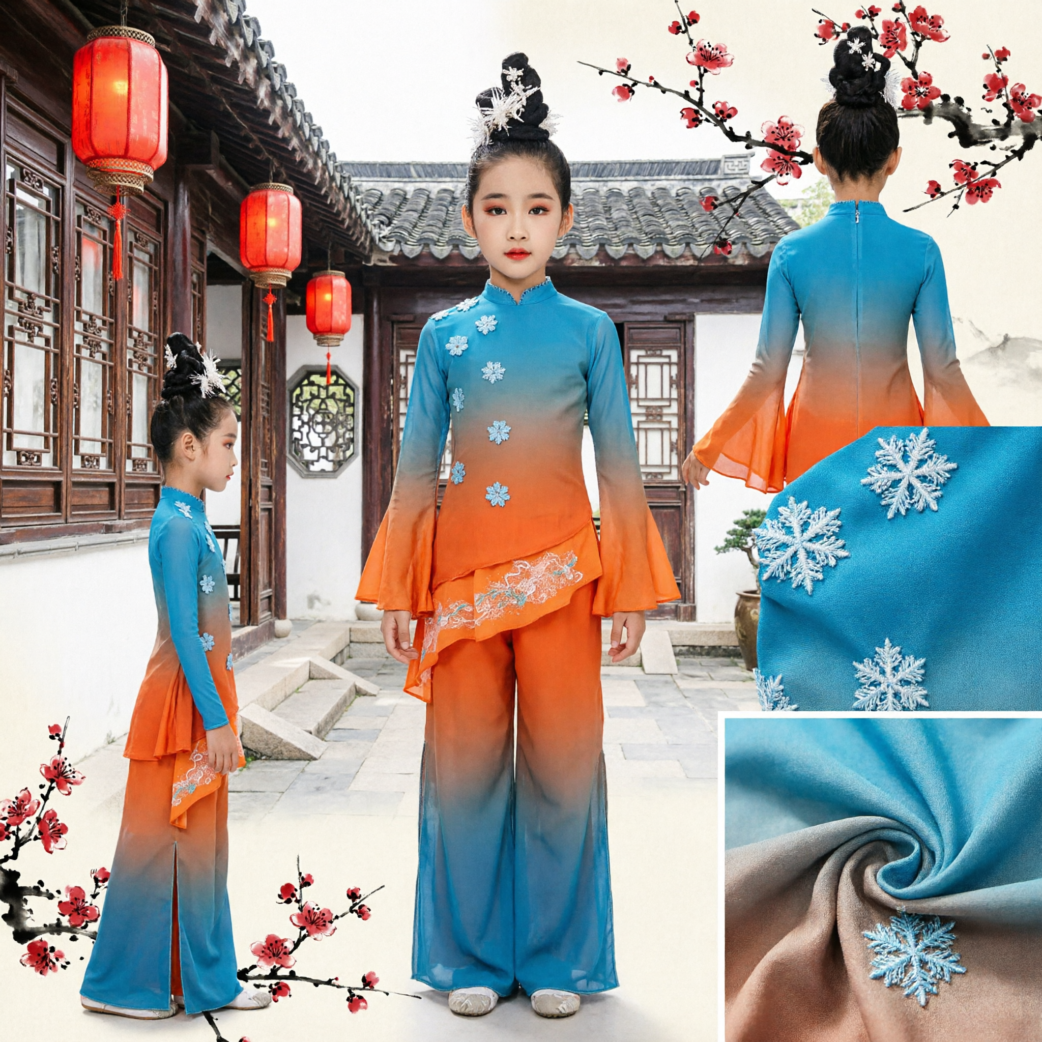 Traditional Chinese Folk Dance Costume for Kids Girls Gradient Blue Orange Performance Outfit with Flowers