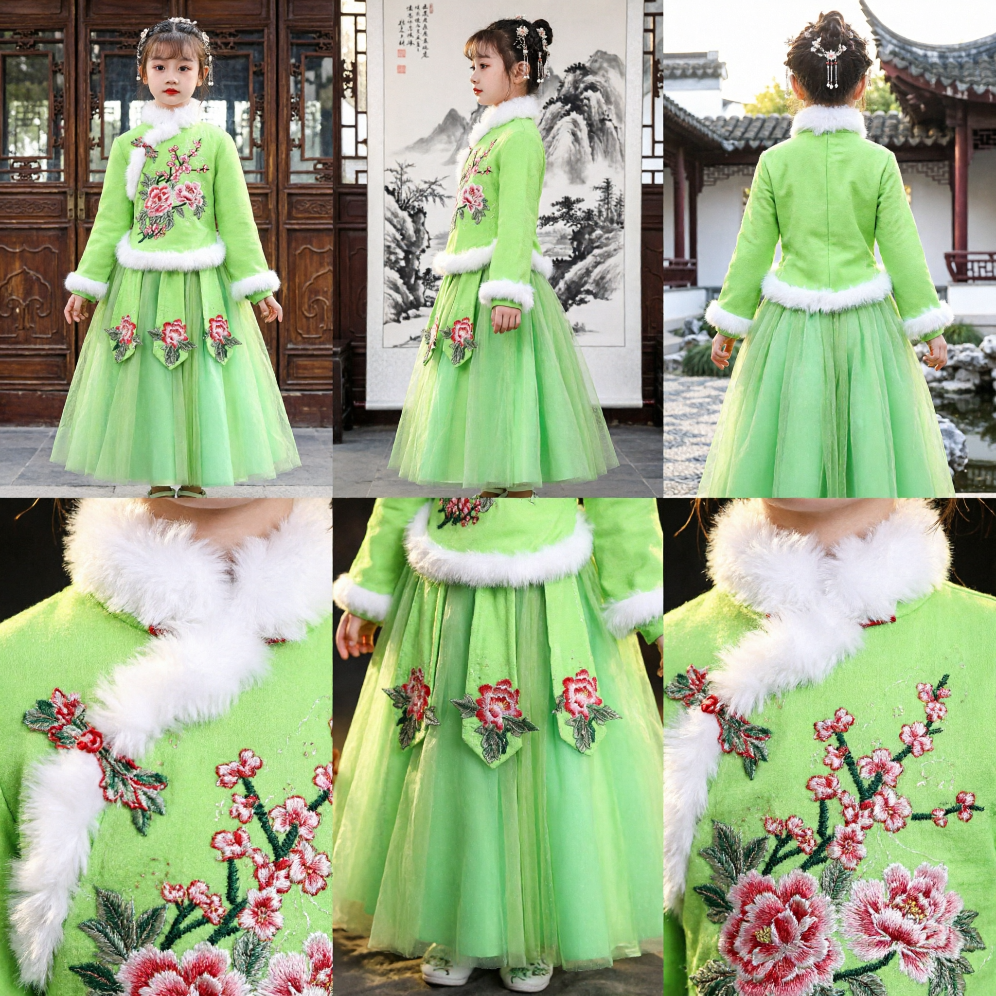 Girls Green Chinese Traditional Hanfu Costume Embroidered Floral Tang Suit Winter Warm Fur Trim New Year Outfit