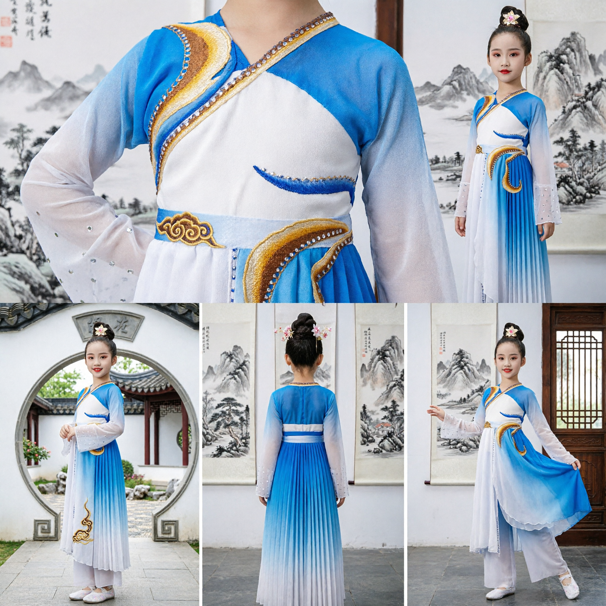 Chinese Classical Dance Costume for Girls Kids Traditional Hanfu Stage Performance Outfit Blue White Gradient Fan Dress