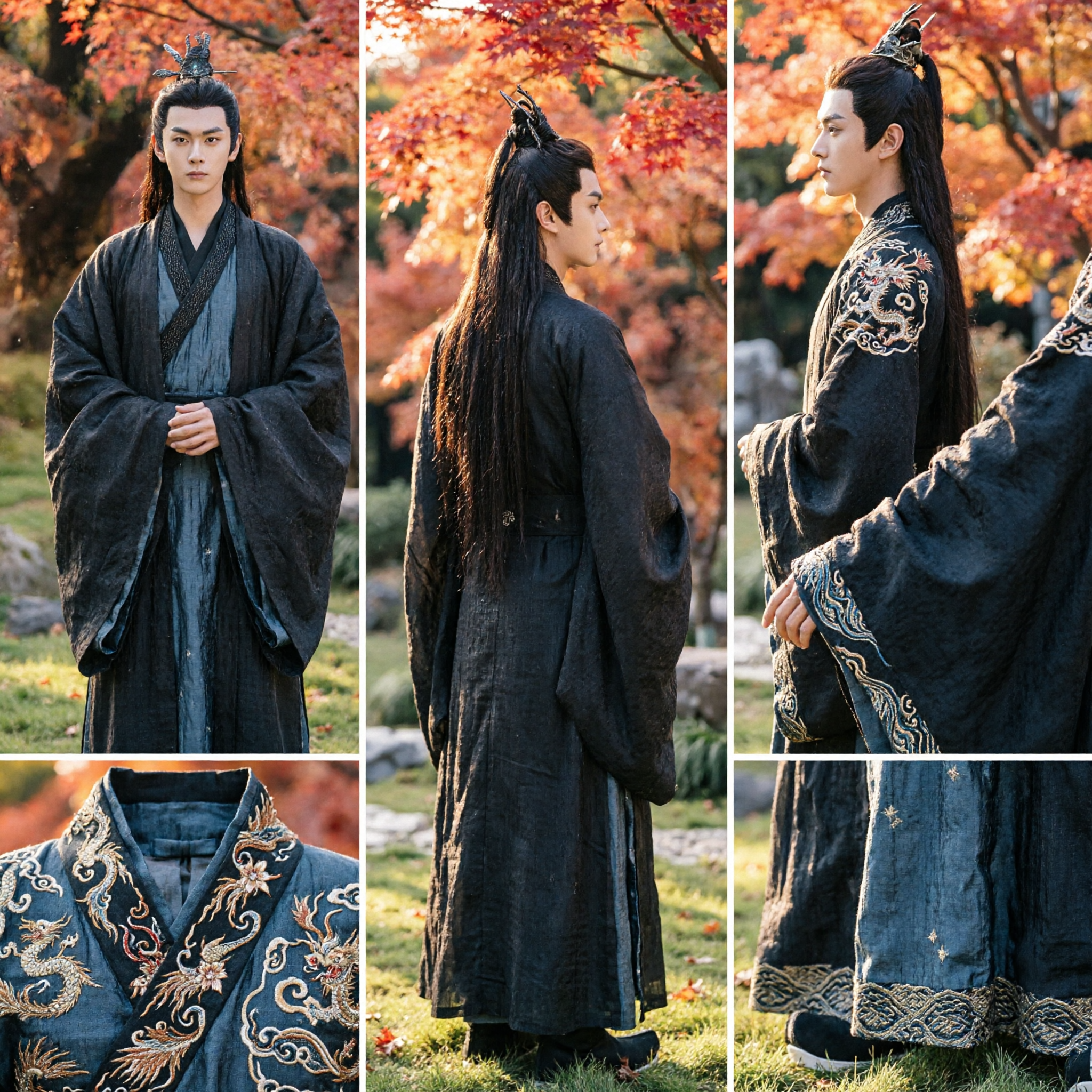 Men's Ancient Chinese Hanfu Costume Black Swordsman Robe Traditional Clothing for Cosplay
