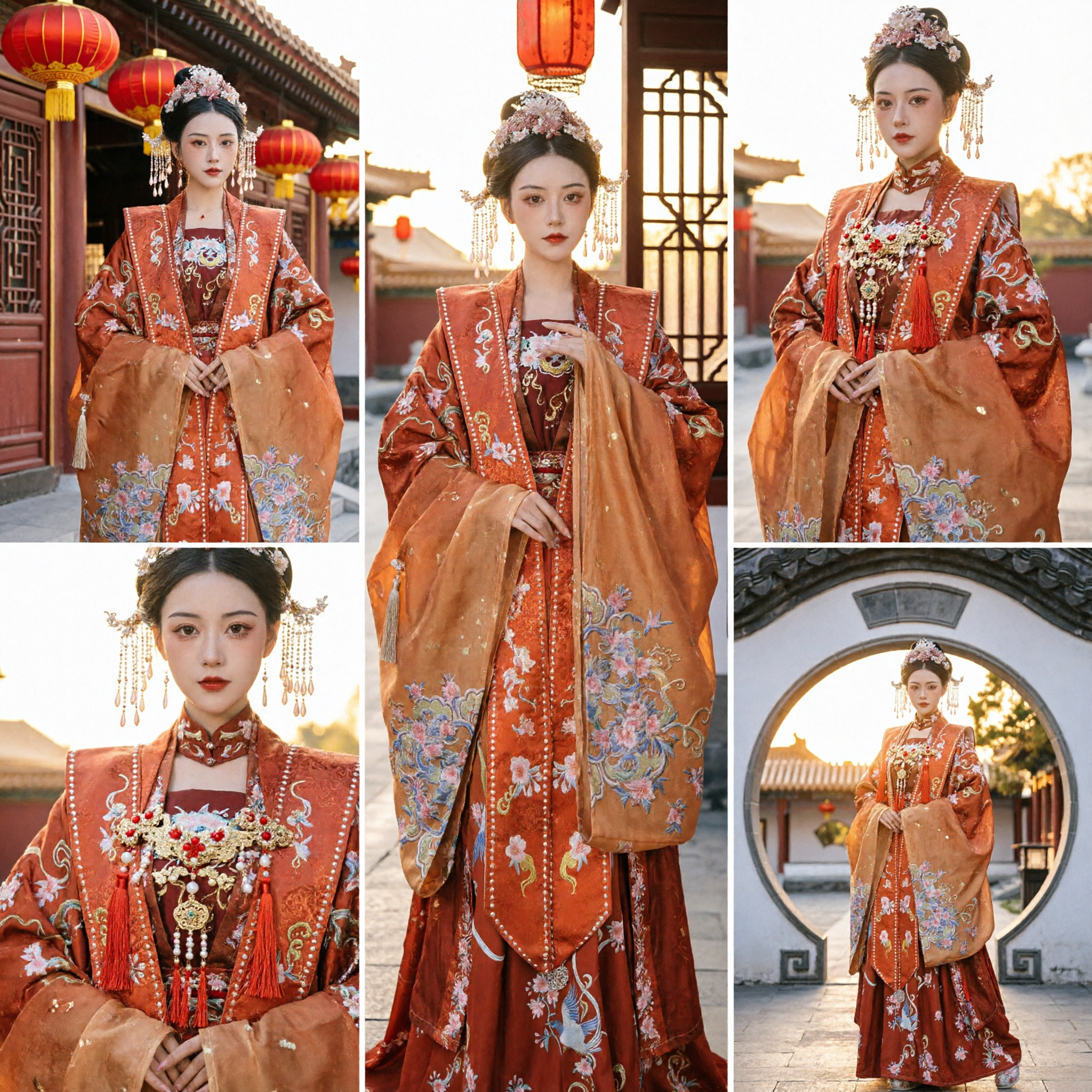 Traditional Chinese Tang Dynasty Hanfu Costume Women Ancient Princess Red Orange Wedding Dress Embroidered Robe Set