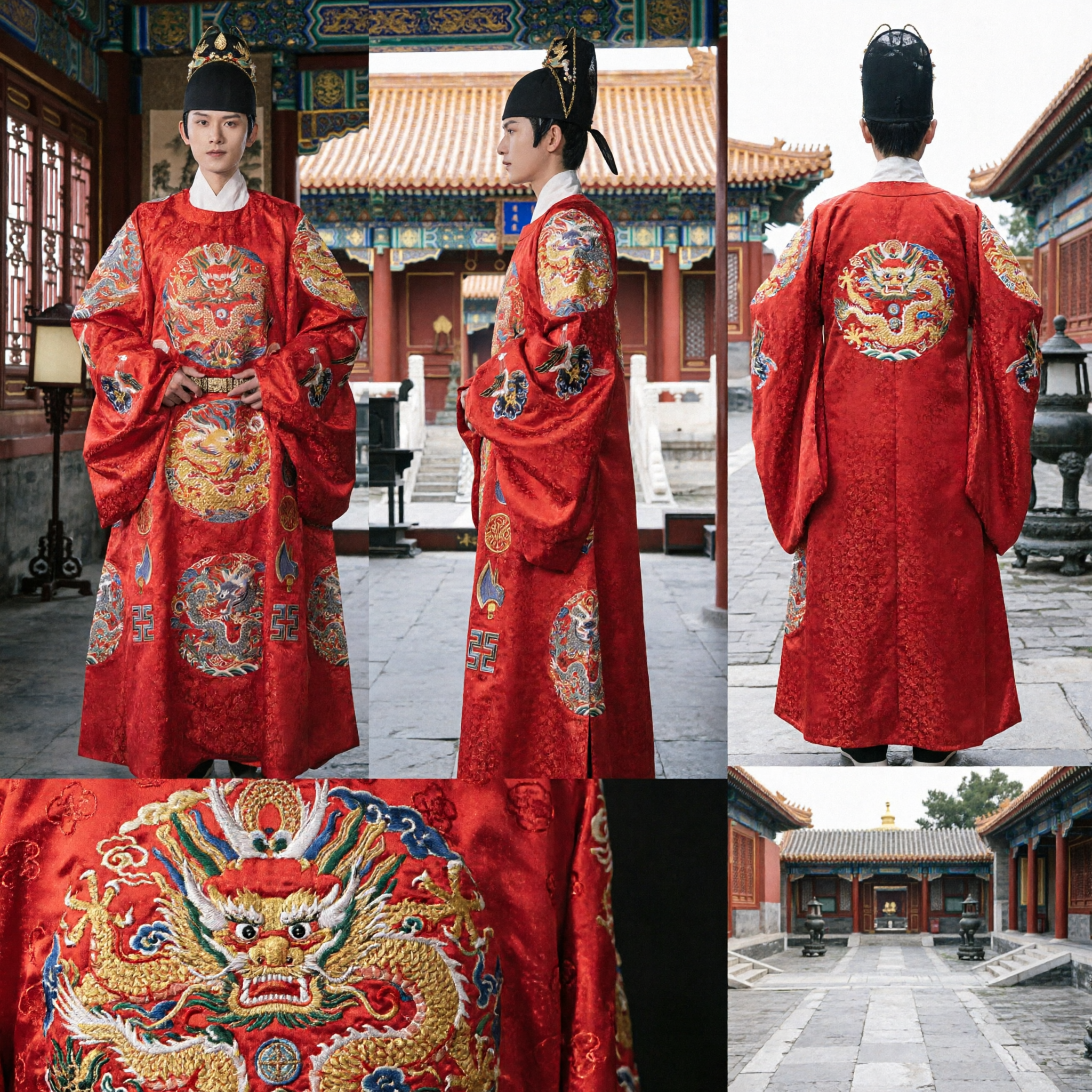 Ancient Chinese Ming Dynasty Emperor Red Dragon Robe Traditional Wedding Hanfu Costume for Men