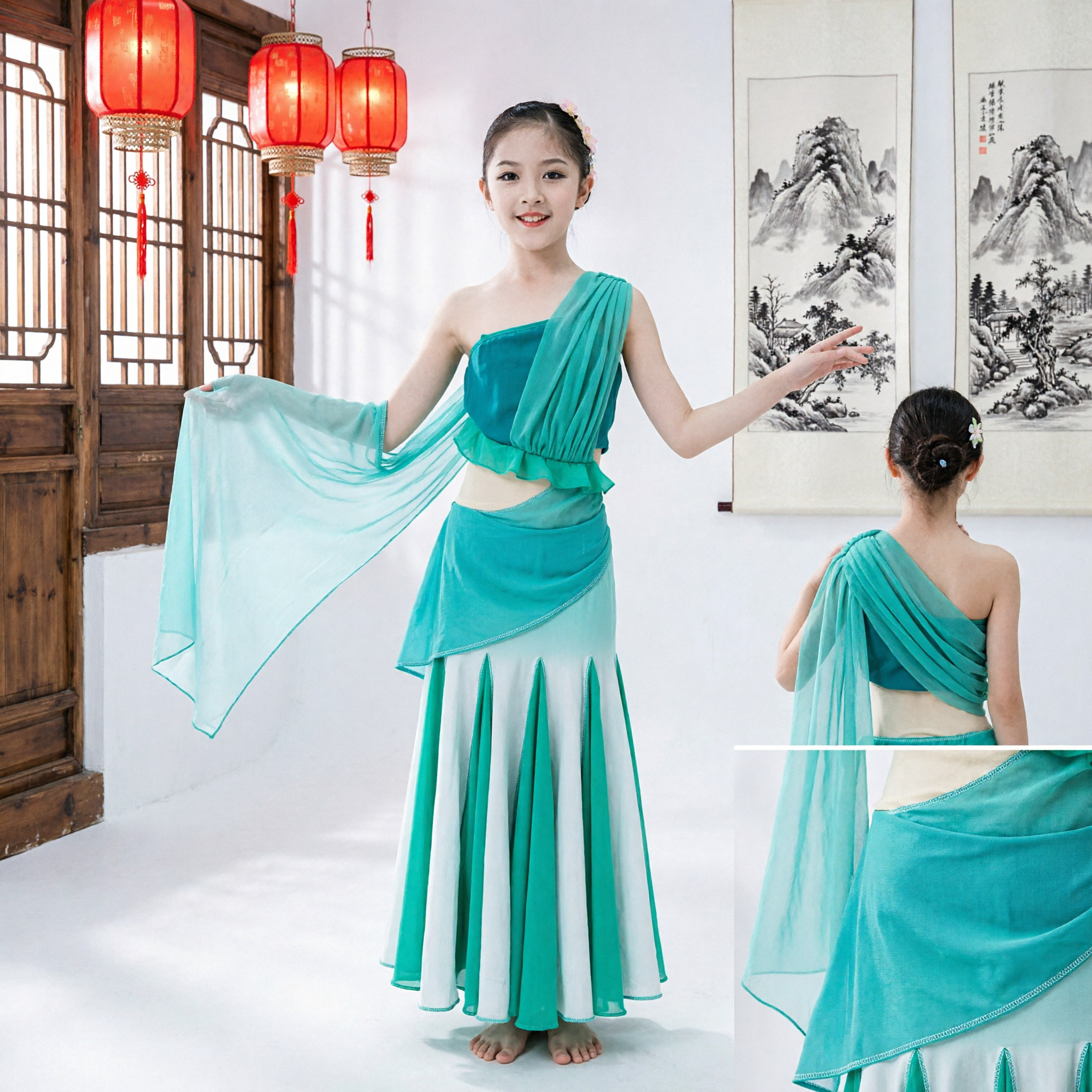Traditional Chinese Dai Minority Peacock Dance Costume Green One Shoulder Dress for Women Stage Performance
