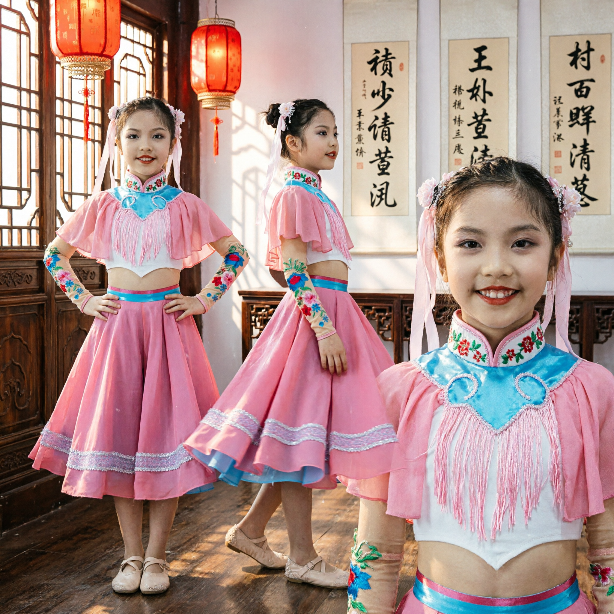 Girls Traditional Chinese Dance Costume Pink Xinjiang Folk Dress for Stage Performance and Cultural Shows