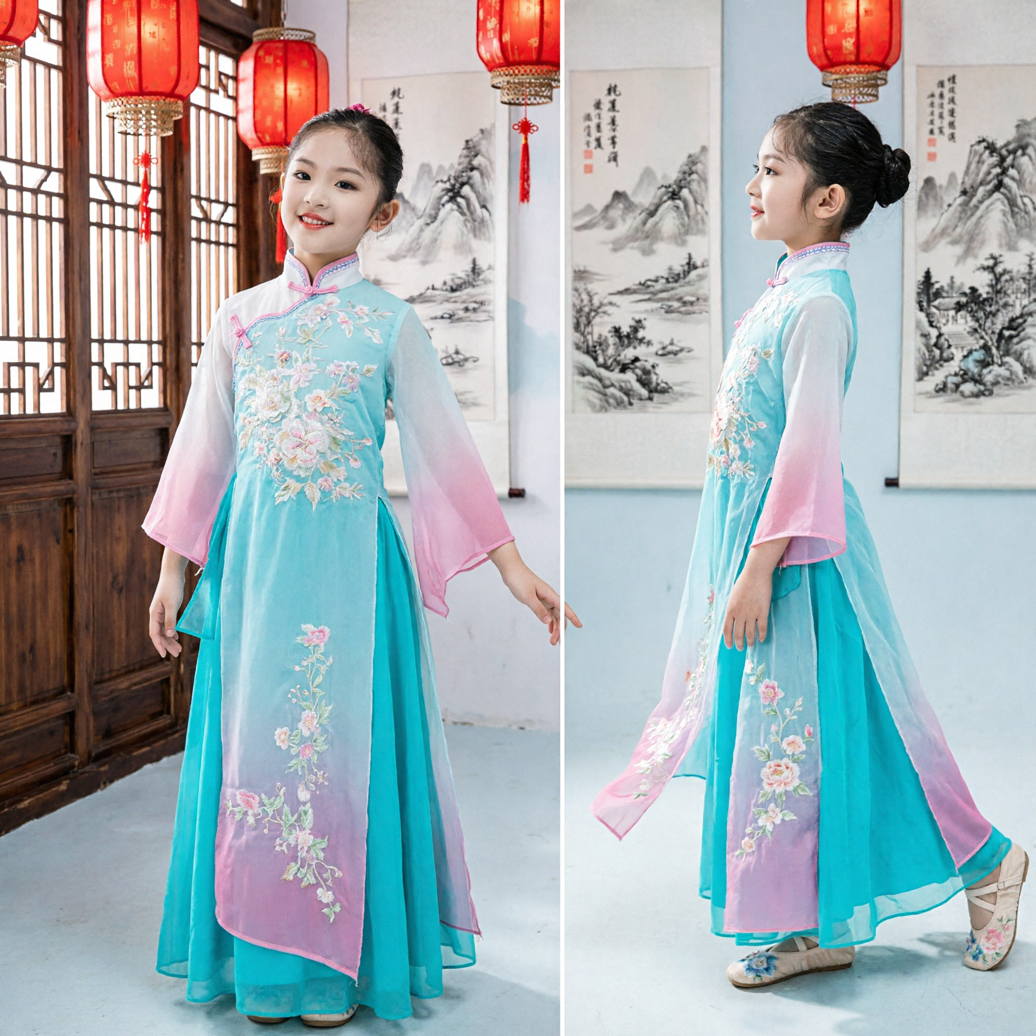 Kids Girls Chinese Classical Dance Costume Traditional Gradient Blue Cheongsam Dress Stage Performance Outfit