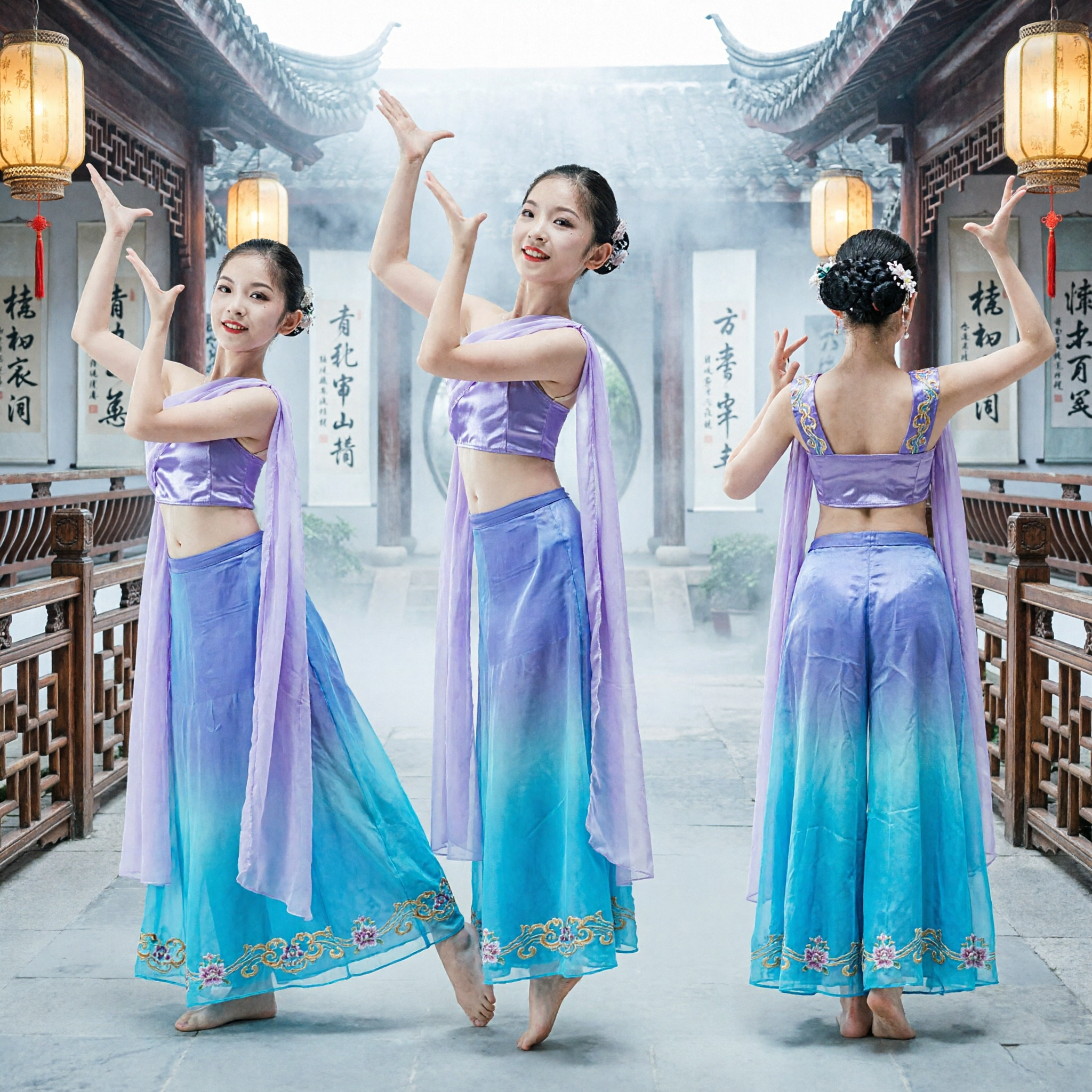 Purple Chinese Classical Dance Costume Girls Ribbon Folk Dance Dress Gradient Skirt Performance Outfit