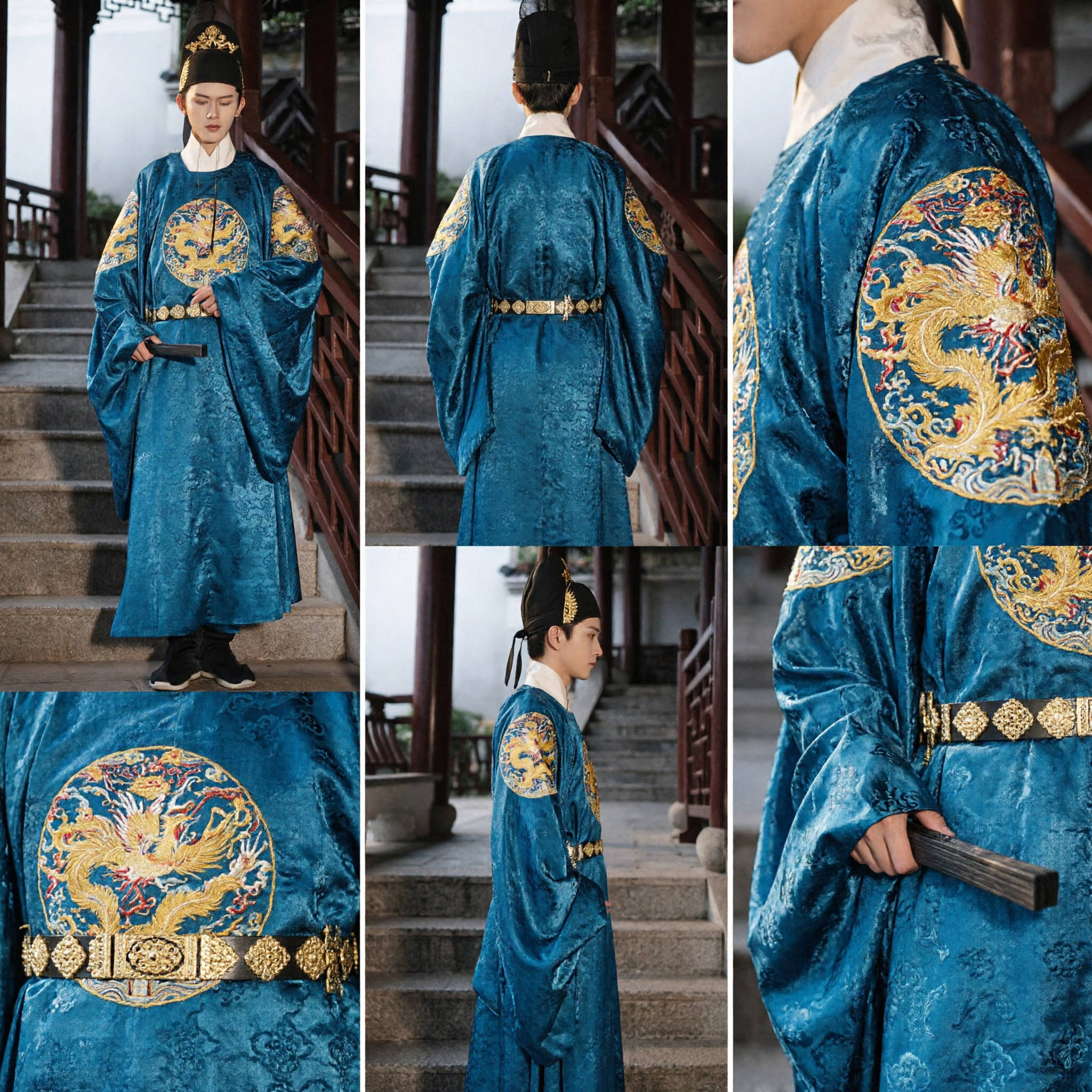 Men's Traditional Chinese Ming Dynasty Blue Dragon Robe Ancient Prince Hanfu Costume for Cosplay and Performance