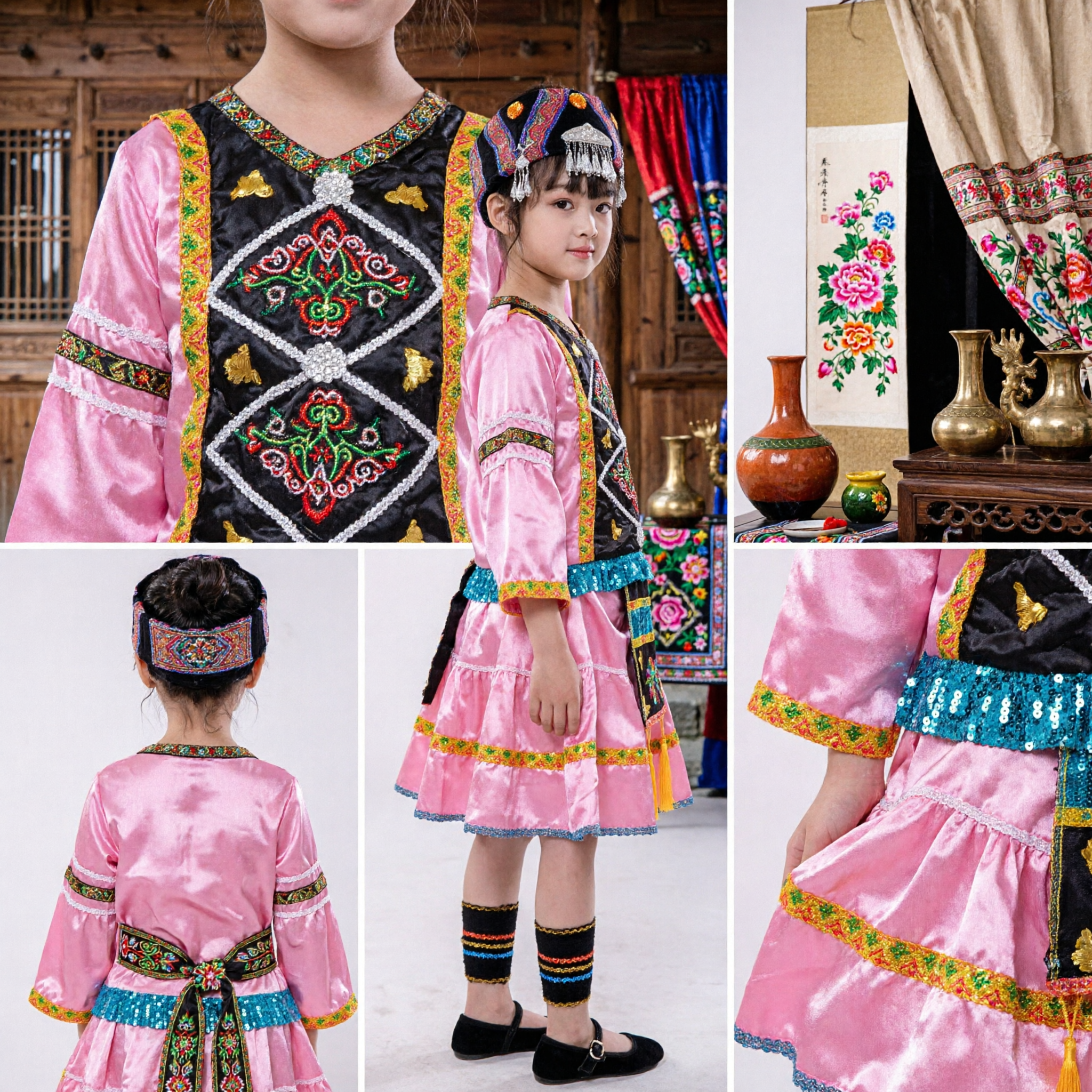 Chinese Ethnic Minority Folk Dance Costume for Girls Traditional Embroidered Pink Performance Outfit with Headdress