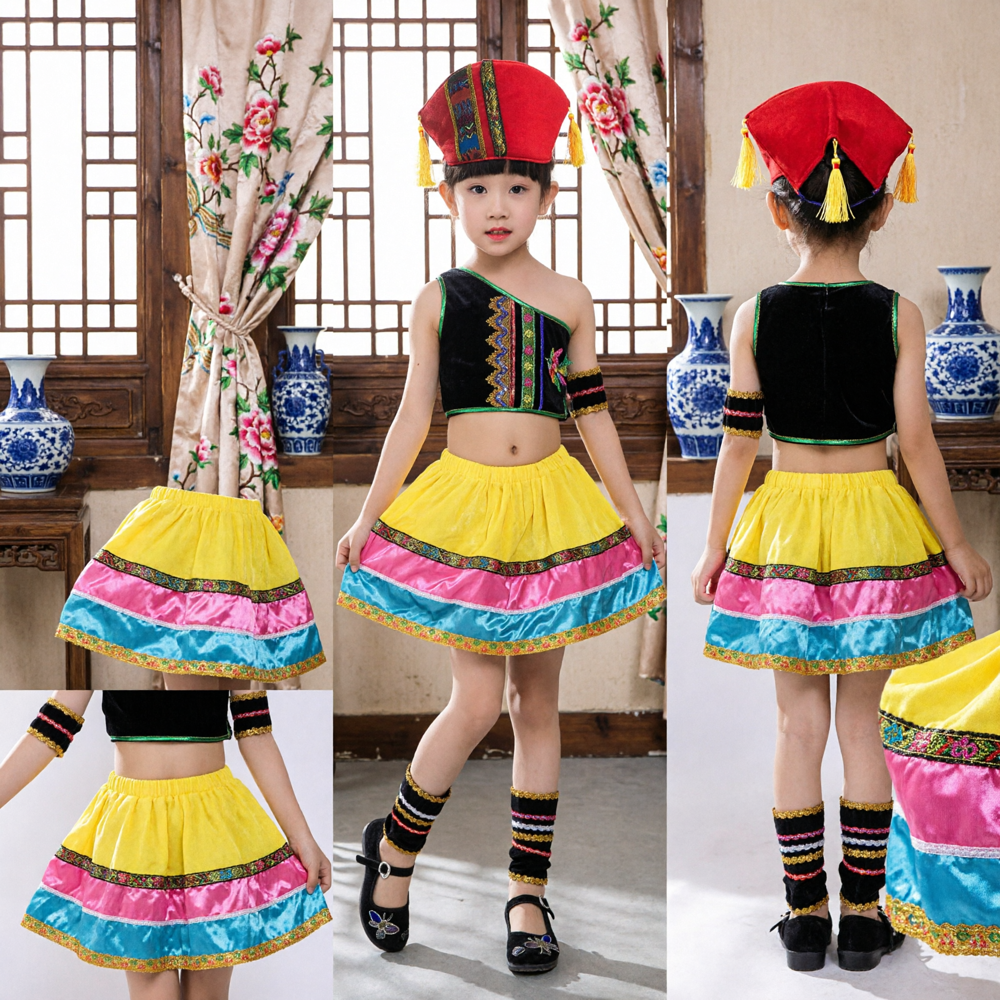 Chinese Traditional Ethnic Minority Folk Dance Costume for Kids Girls Stage Performance Zhuang Nationality Dress Set