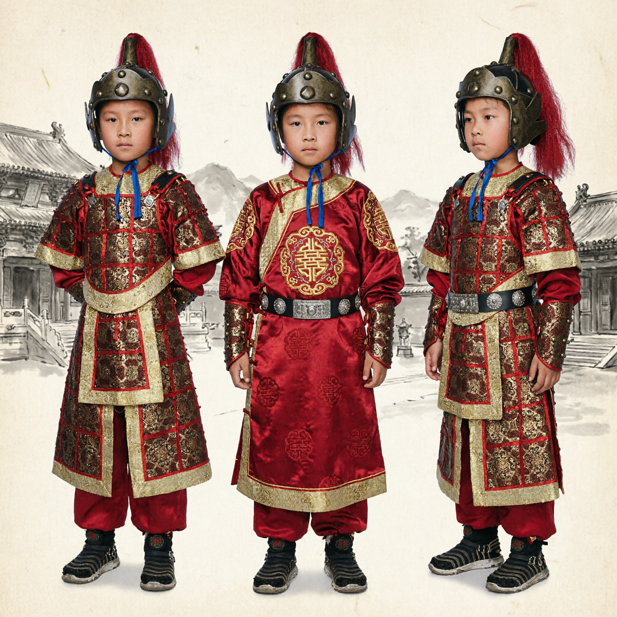 Boys Ancient Chinese General Armor Costume Traditional Red Warrior Hanfu Kids Performance Cosplay Set