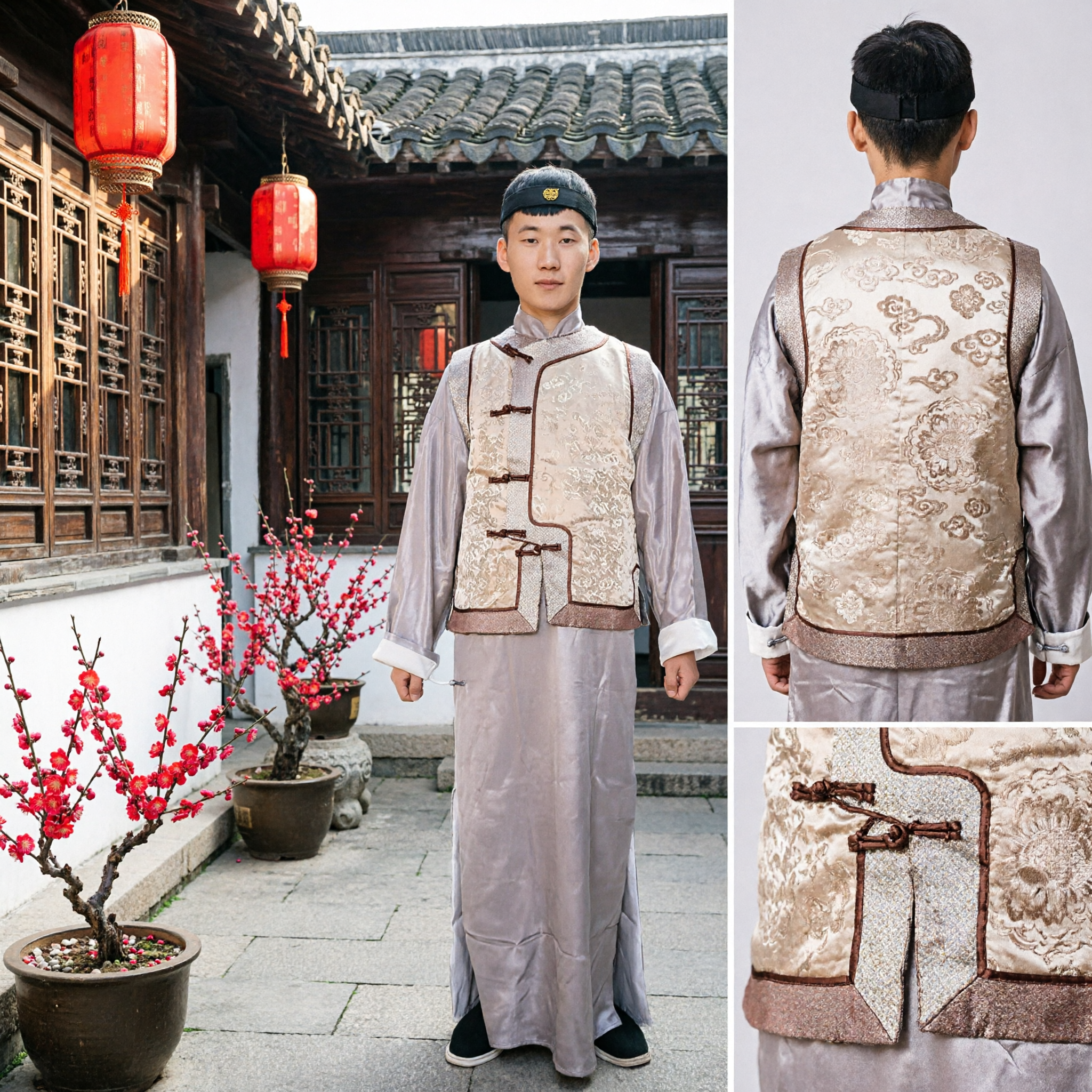 Traditional Chinese Men's Changshan Long Robe and Brocade Vest Set Qing Dynasty Historical Costume for Performance