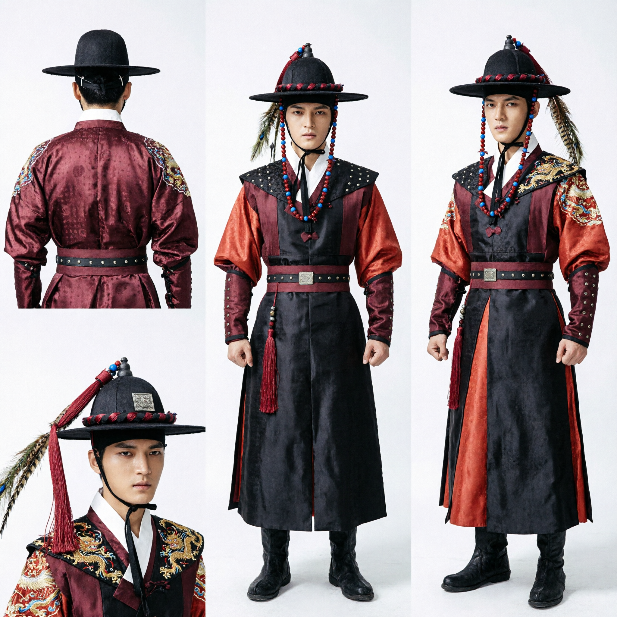 Traditional Korean Hanbok Men's Costume Ancient Warrior Swordsman Red Black Robe for Historical Stage Performance and Cosplay