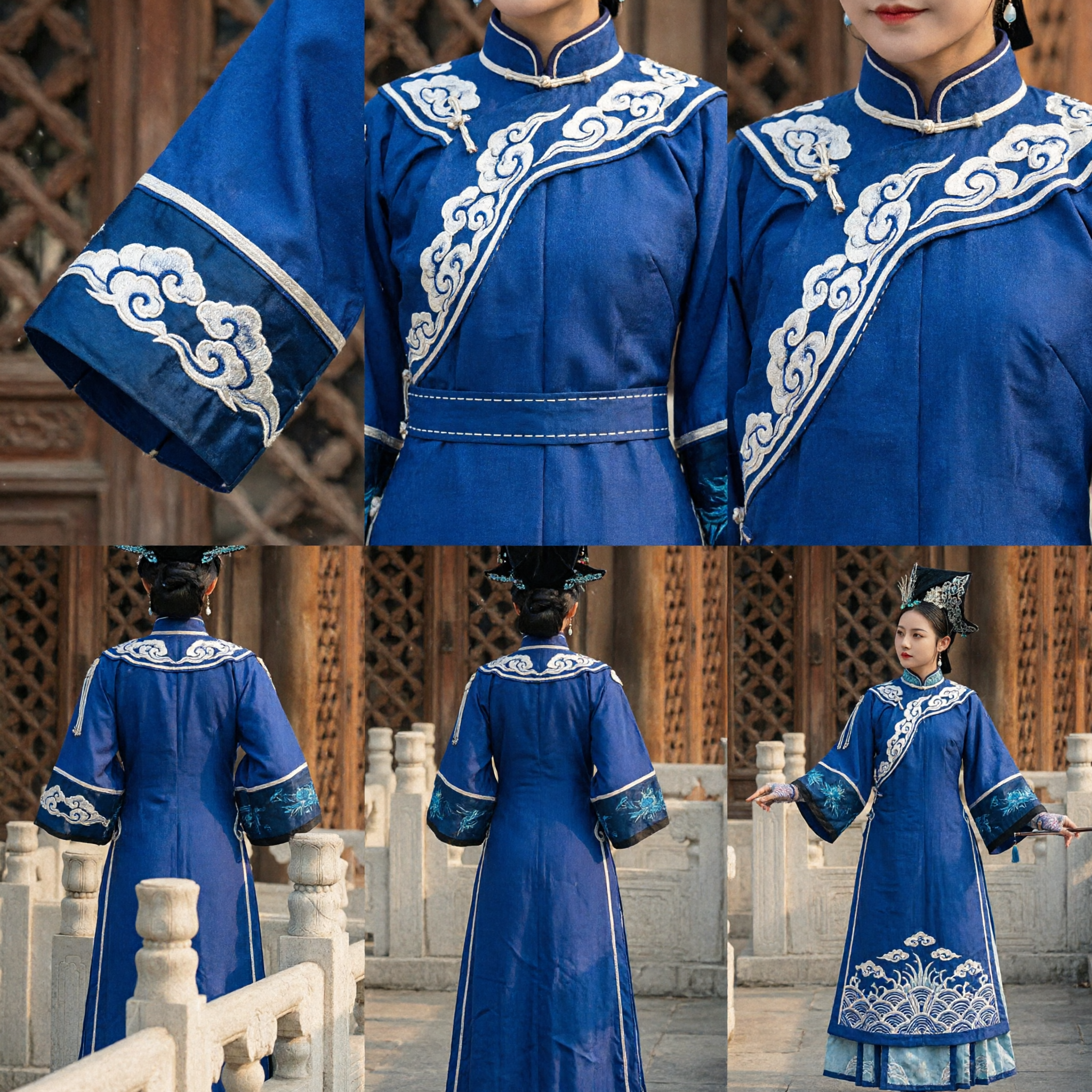 Royal Blue Traditional Chinese Qing Dynasty Manchu Costume Ancient Palace Lady Dress for Women
