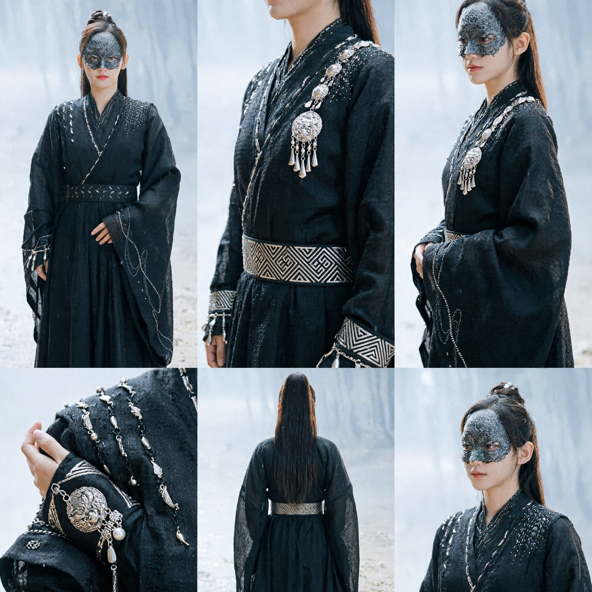 Ancient Chinese Wuxia Assassin Black Hanfu Costume with Silver Mask for Women Cosplay Performance
