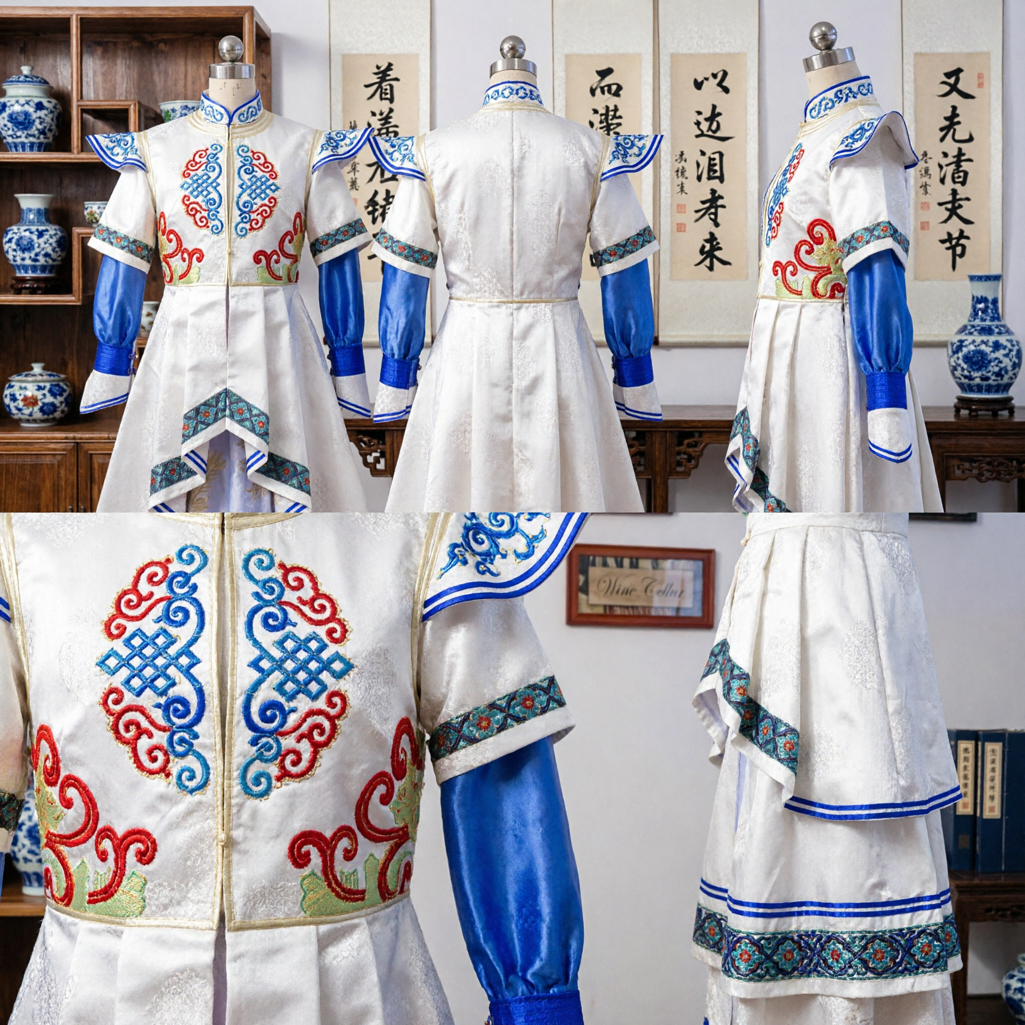 Traditional Chinese White Satin Costume with Blue Embroidery for Folk Dance Stage Performance