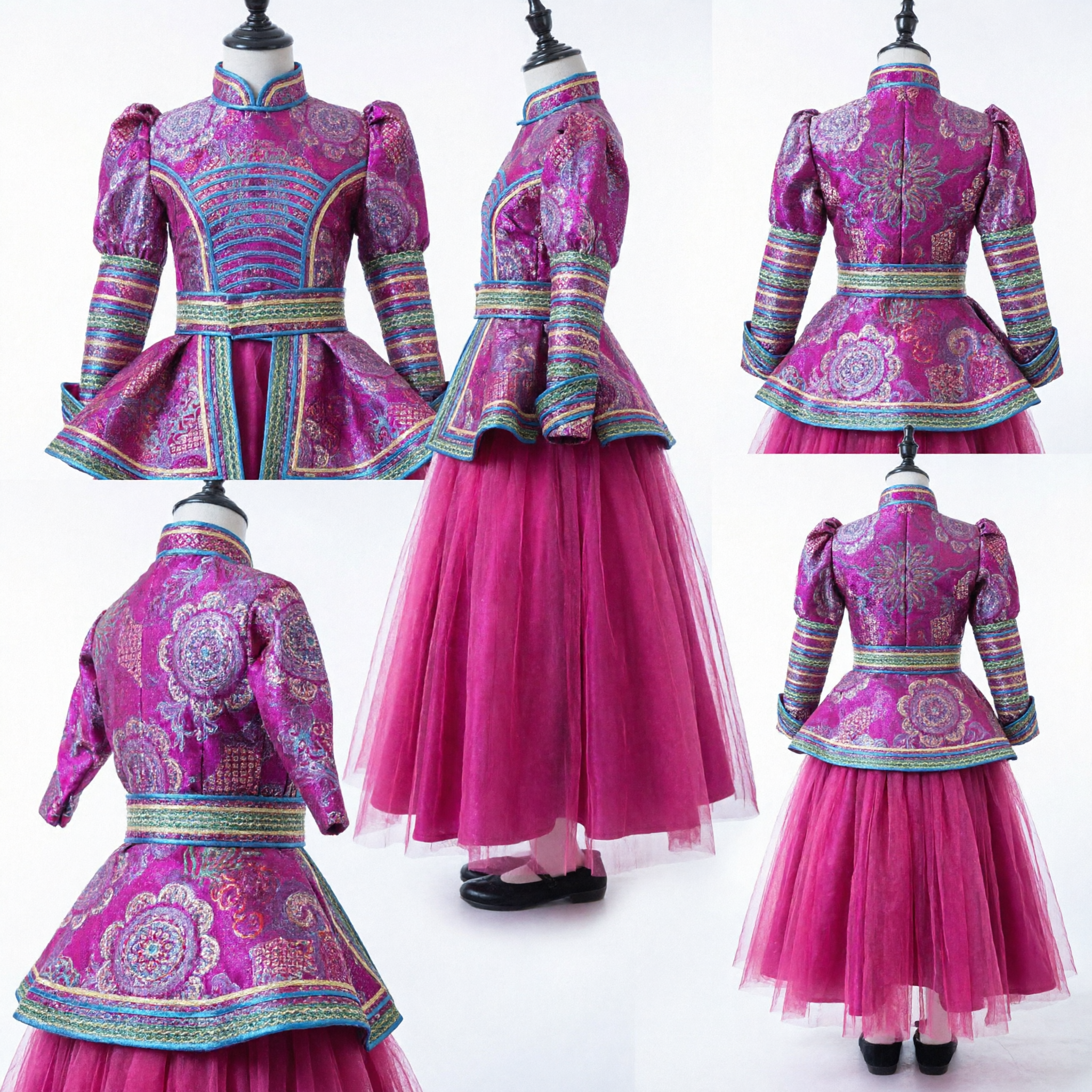 Vibrant Pink Traditional Chinese Mongolian Folk Dance Costume Embroidered Long Sleeve Dress for Girls Stage Performance