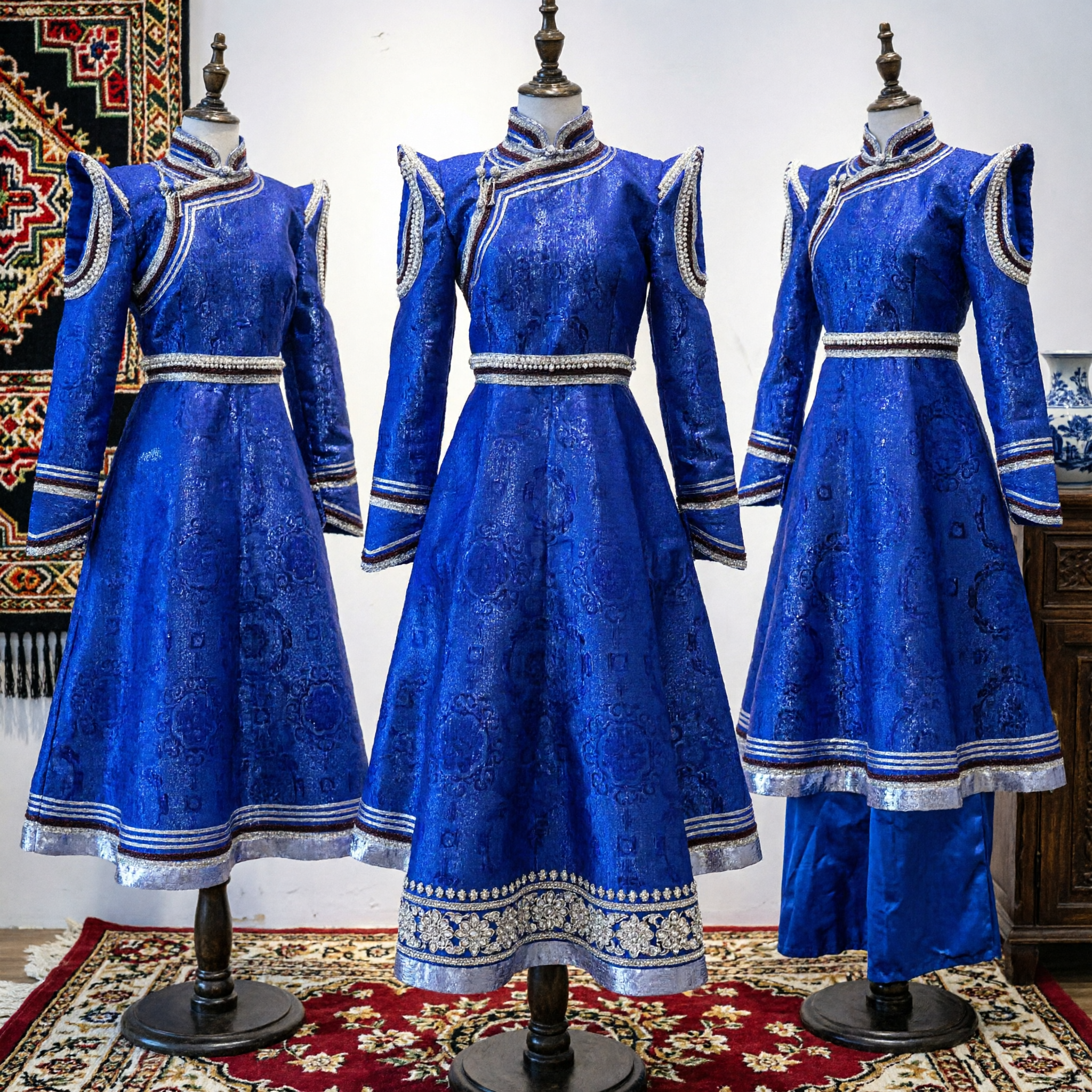 Women's Traditional Mongolian Blue Robe Ethnic Costume Folk Dance Performance Dress with Silver Trim Details