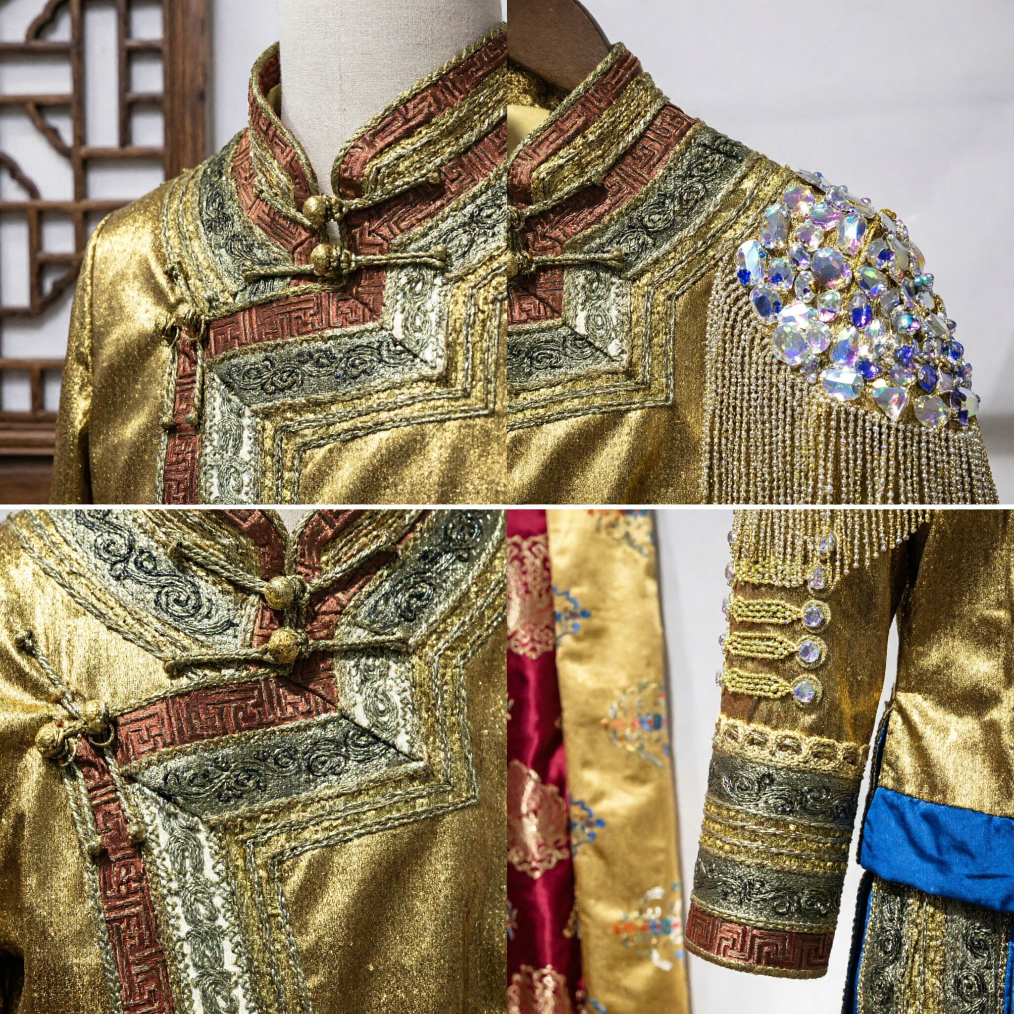 Gold Traditional Chinese Mongolian Dance Costume Jacket Men's Stage Performance Embroidered Rhinestone Top