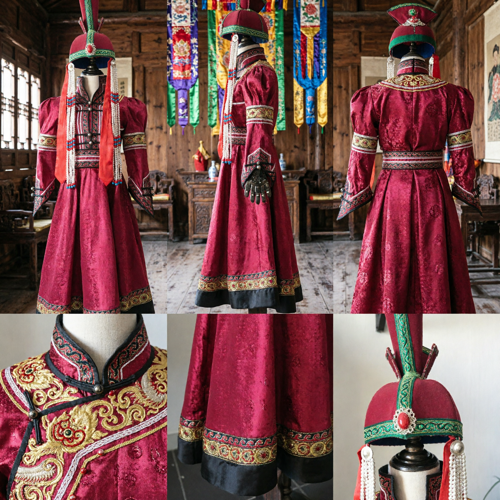 Traditional Chinese Mongolian Dance Costume Women Red Embroidered Robe and Beaded Hat for Folk Stage Performance