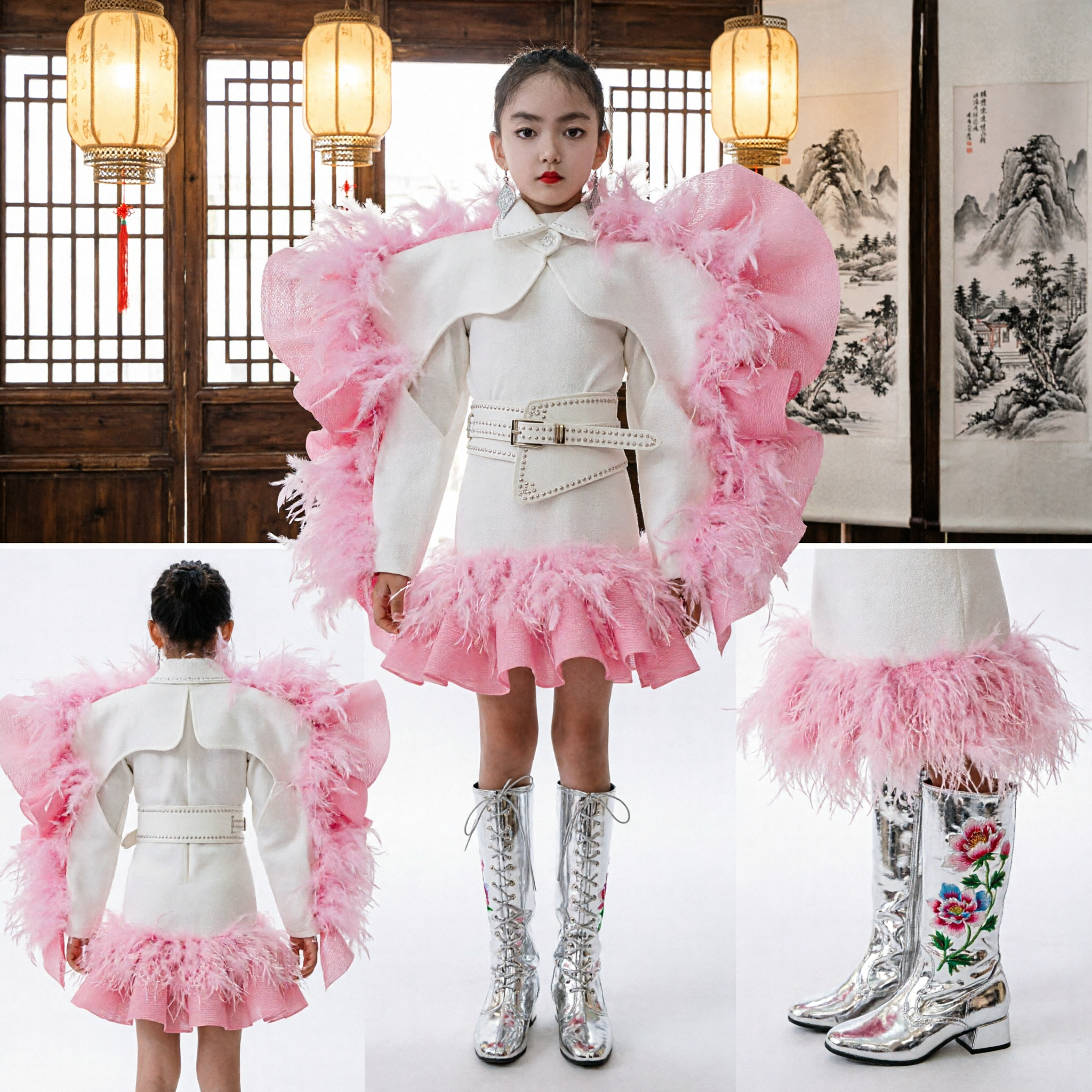 Girls Avant-Garde Pink Feather Wing Costume White Dress Stage Performance Runway Fashion Show Outfit