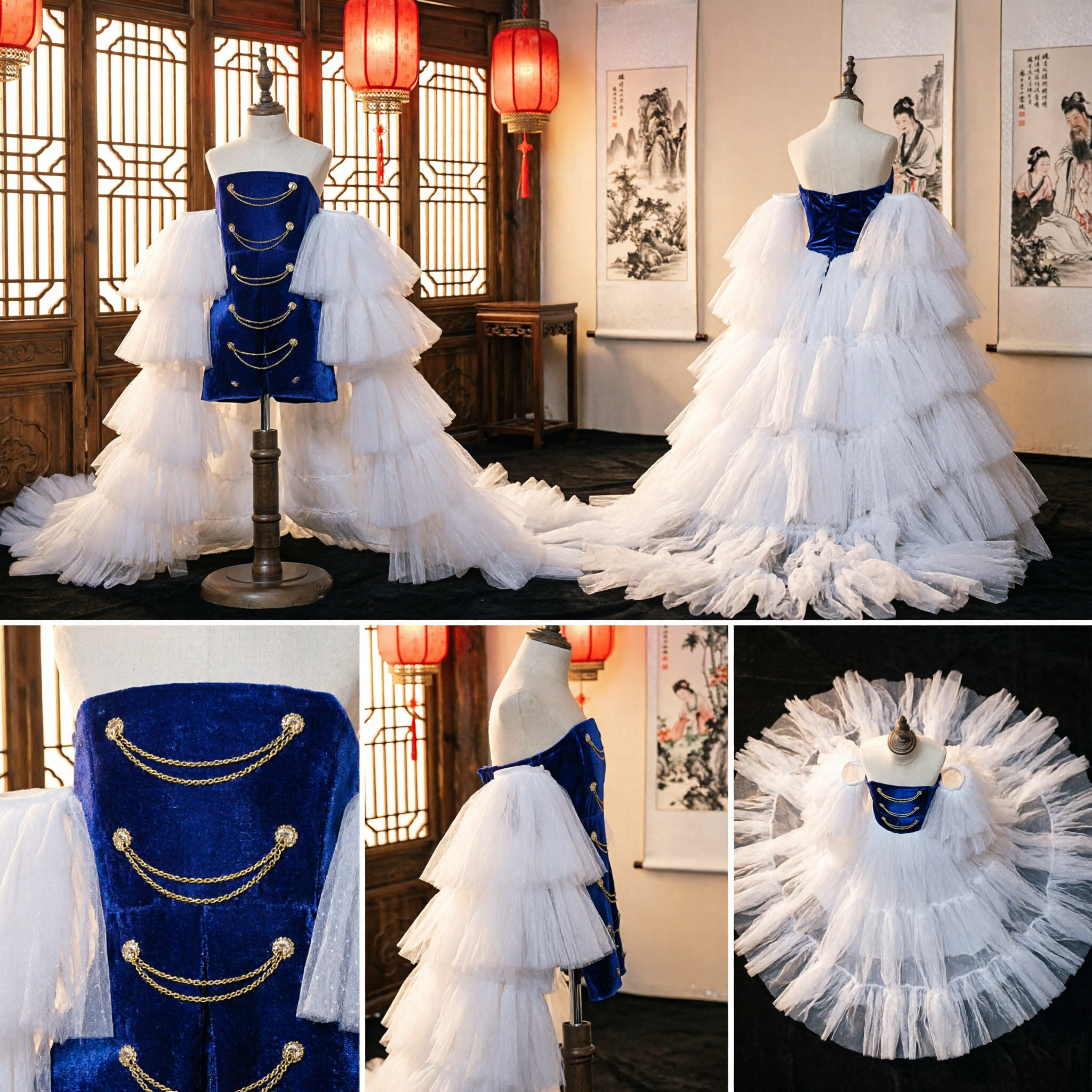 Royal Blue Velvet and White Tiered Tulle Ruffle Historical Court Costume Dress for Stage Performance