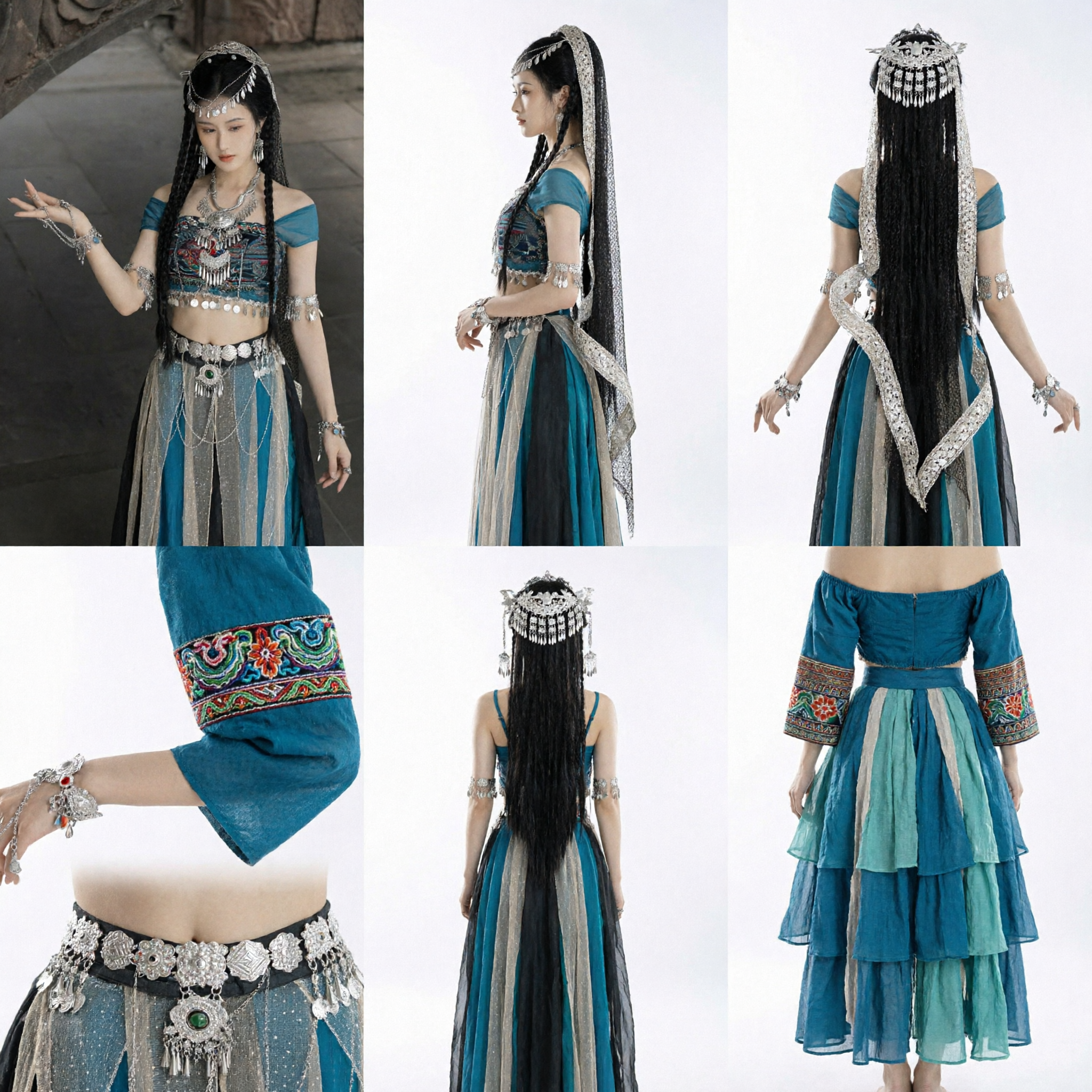 Traditional Chinese Dunhuang Dance Costume Blue Xiyu Princess Ethnic Stage Performance Outfit with Silver Accessories for Women
