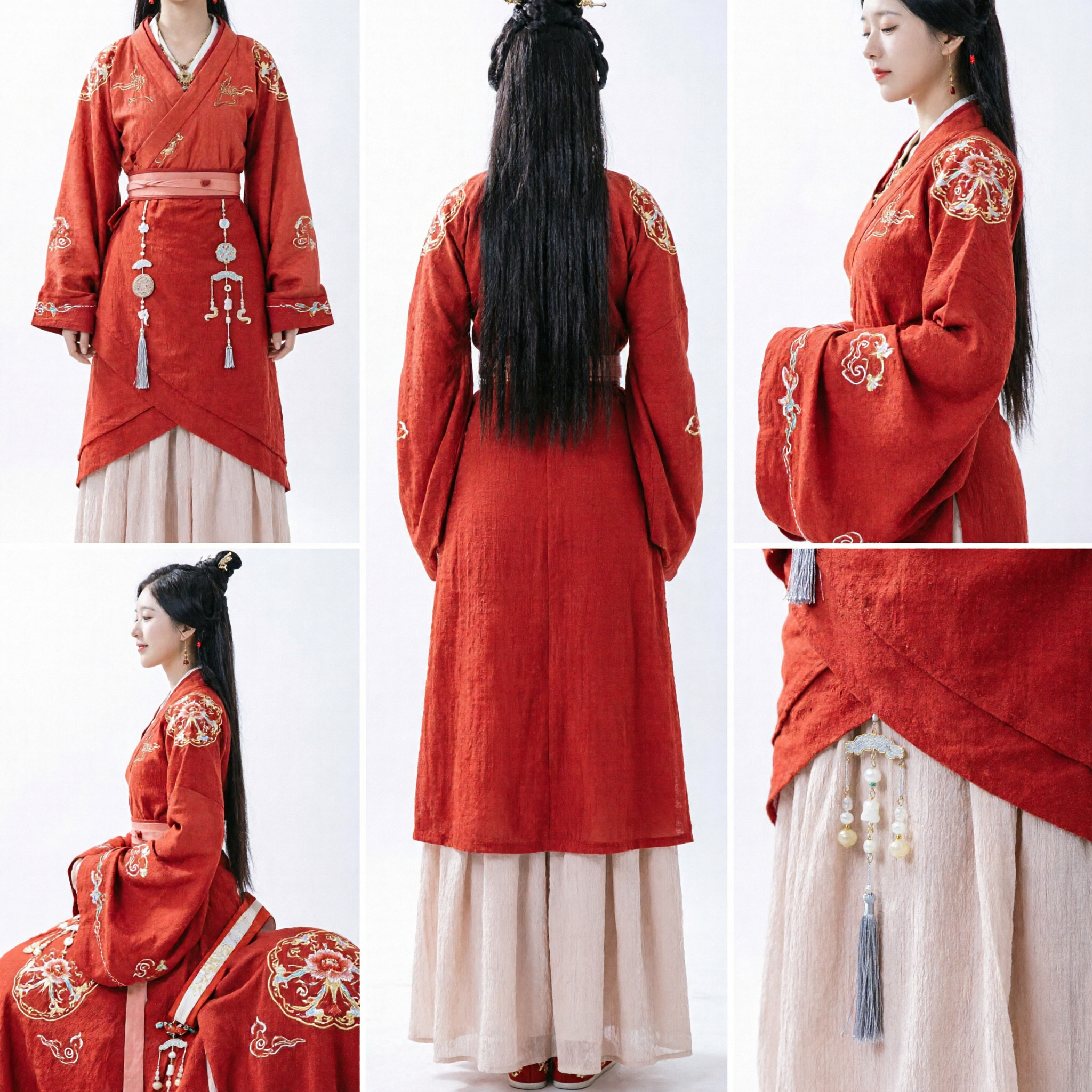 Chinese Traditional Hanfu Ancient Red Cross-Collar Robe and Pink Skirt Historical Costume Set for Women
