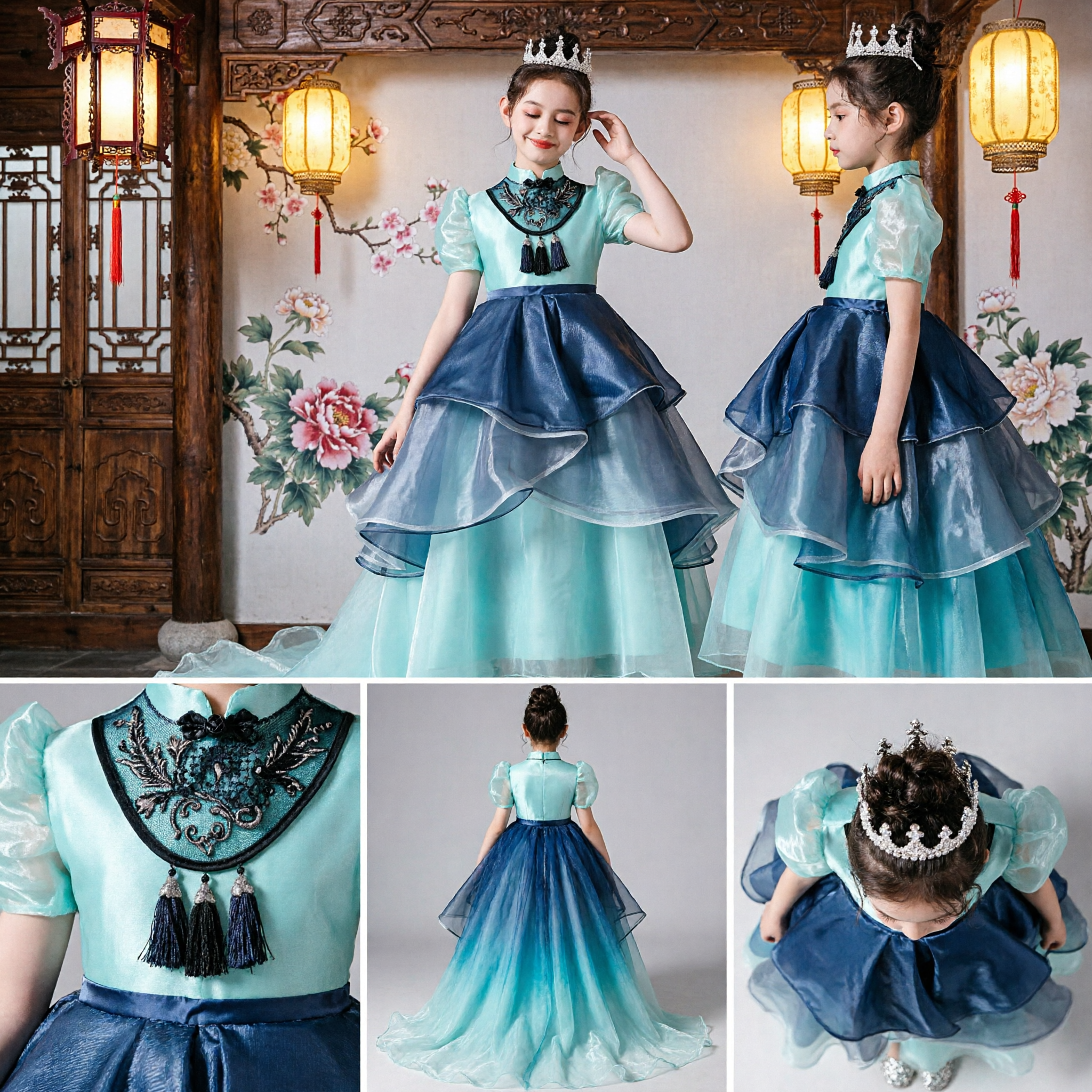 Kids Girls Blue Cheongsam Dress Traditional Chinese Formal Gown with Tulle Skirt for Pageant