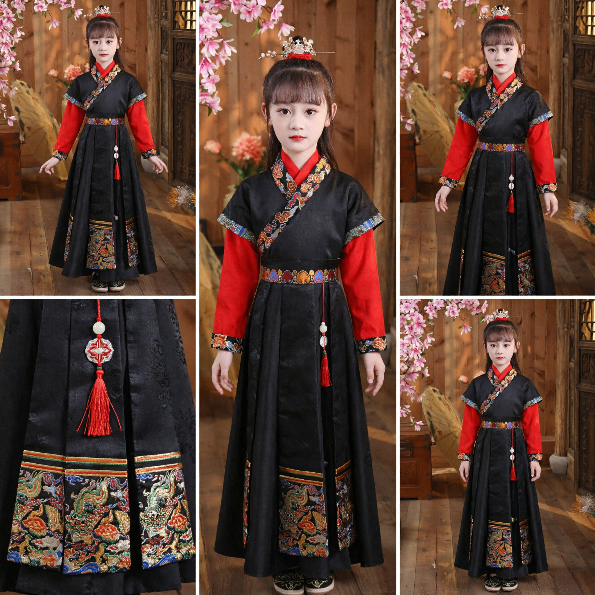 Chinese Traditional Hanfu Costume for Girls Black and Red Ancient Dress with Embroidery for Kids Performance