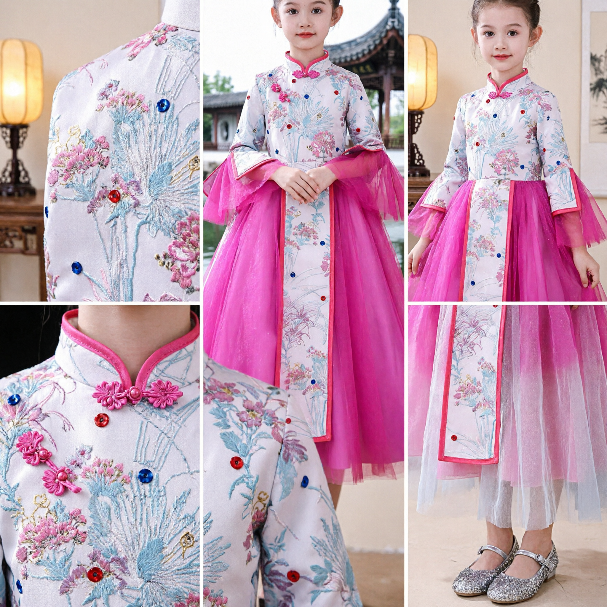 Girls Traditional Chinese Cheongsam Dress Pink Tulle Princess Gown for Wedding Party Stage Performance