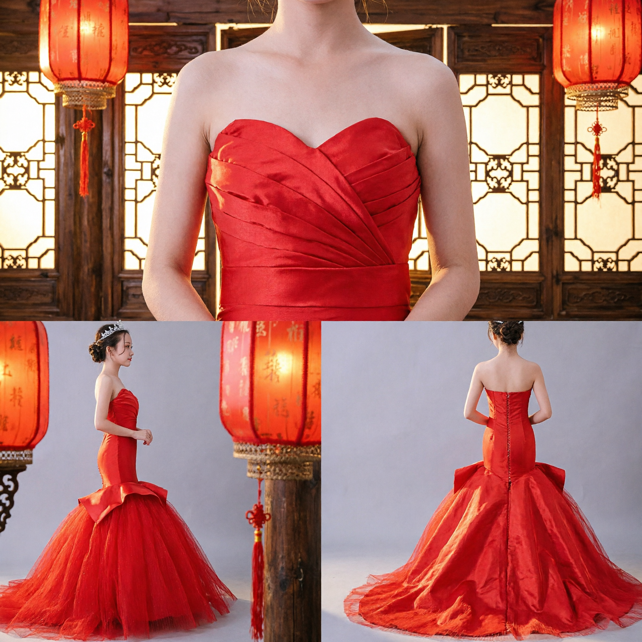 Girls Red Mermaid Princess Gown Formal Pageant Wedding Flower Girl Strapless Tulle Evening Dress