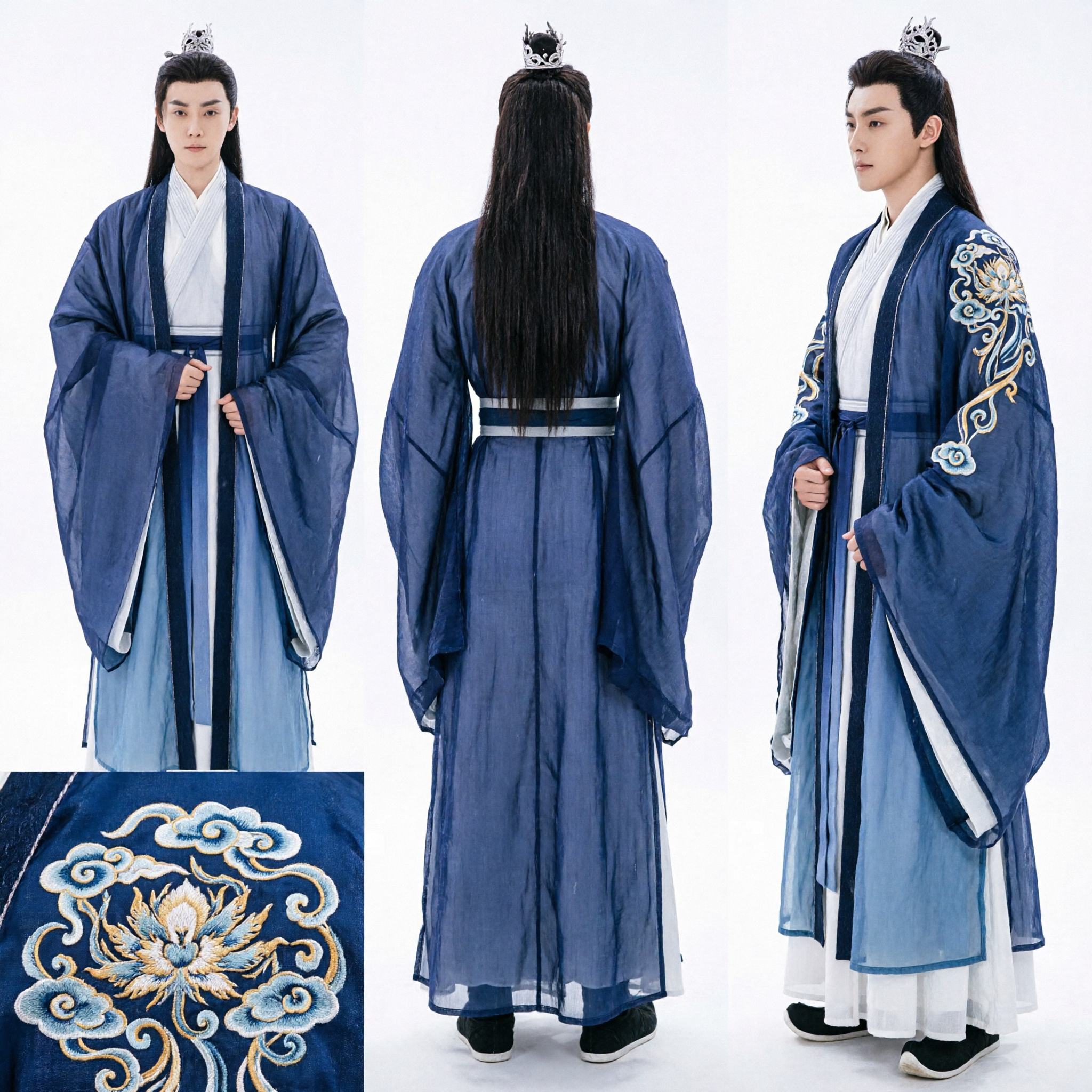 Men's Ancient Chinese Hanfu Costume Blue Scholar Robe Traditional Clothing for Cosplay and Drama Performance