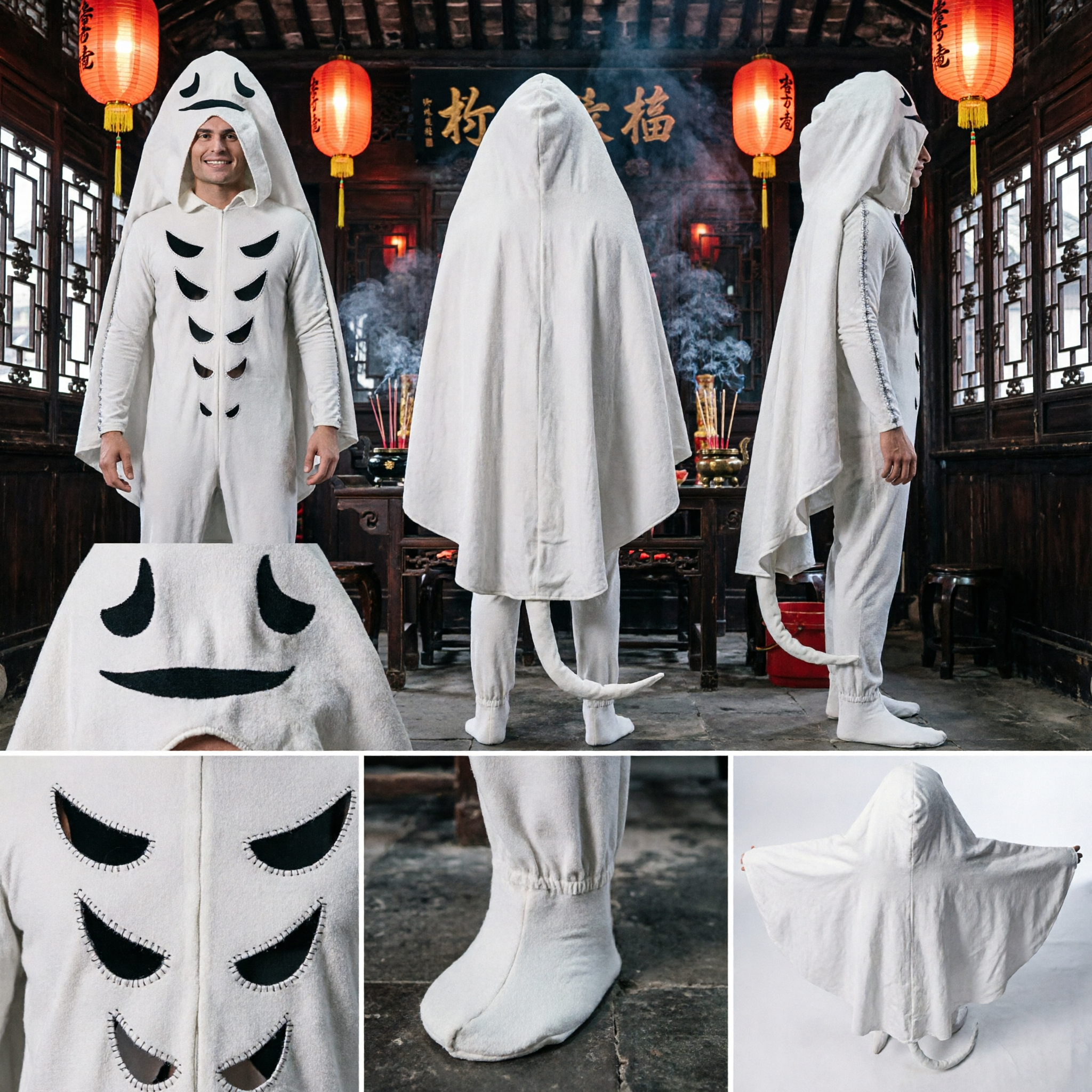 Adult White Ghost Costume with Skeletal Ribs and Hooded Cape for Halloween Cosplay Parties