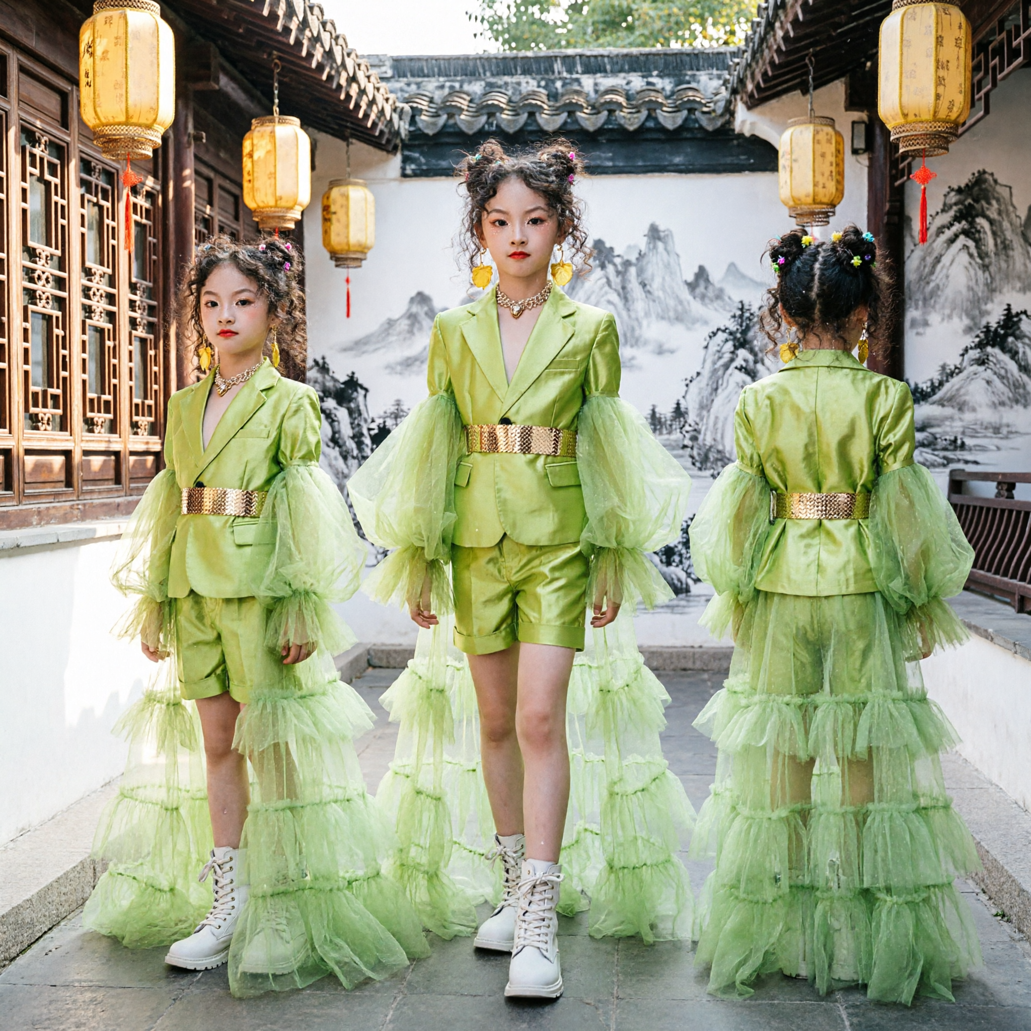 Kids Girls Lime Green Stage Performance Outfit Modern Singer Blazer Set with Dramatic Tulle Sleeves