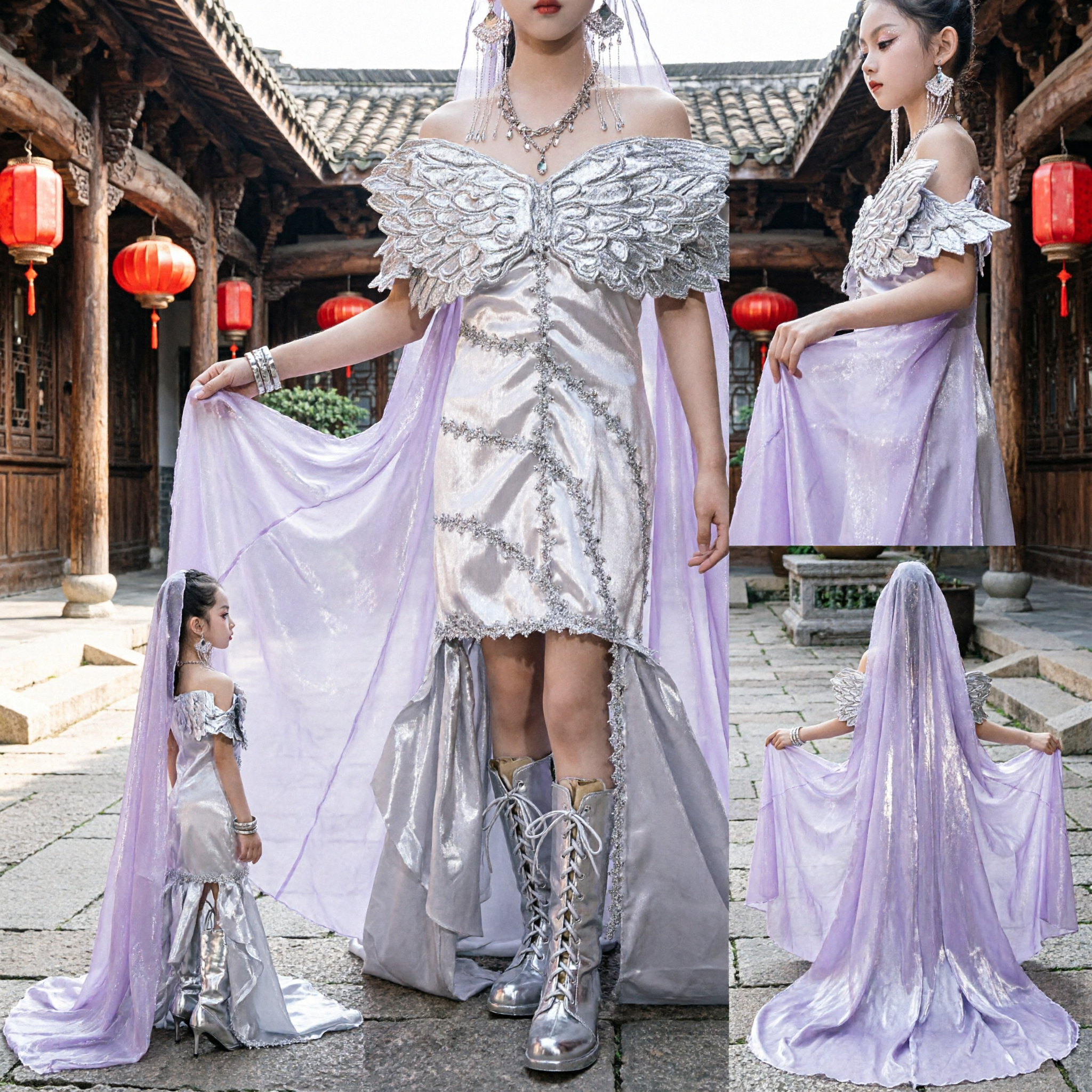 Girls White Angel Fairy Costume with Wings Cape for Stage Dance Performance Show