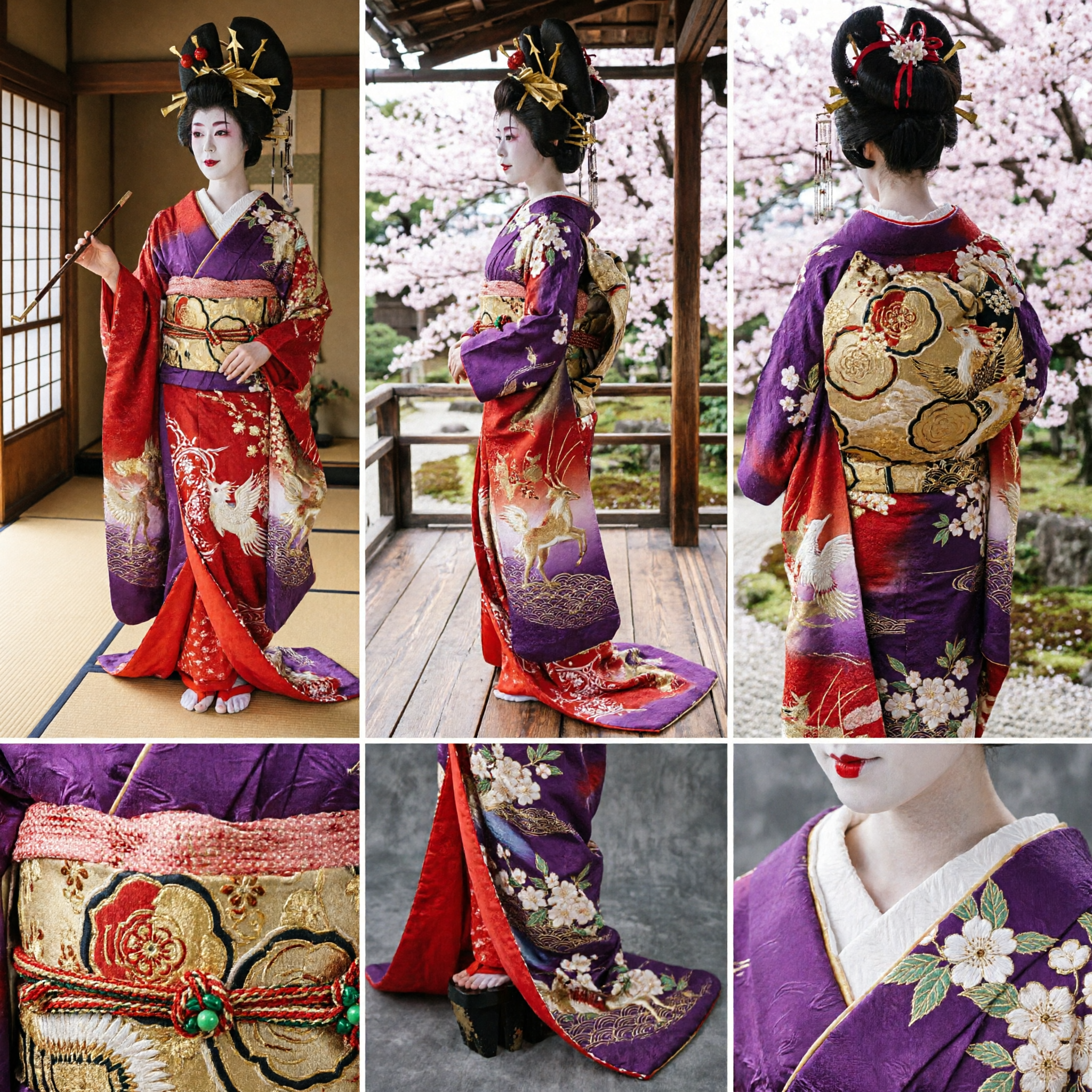 Traditional Japanese Geisha Costume Red Kimono Full Set with Gold Obi Wig and Accessories for Women Cosplay