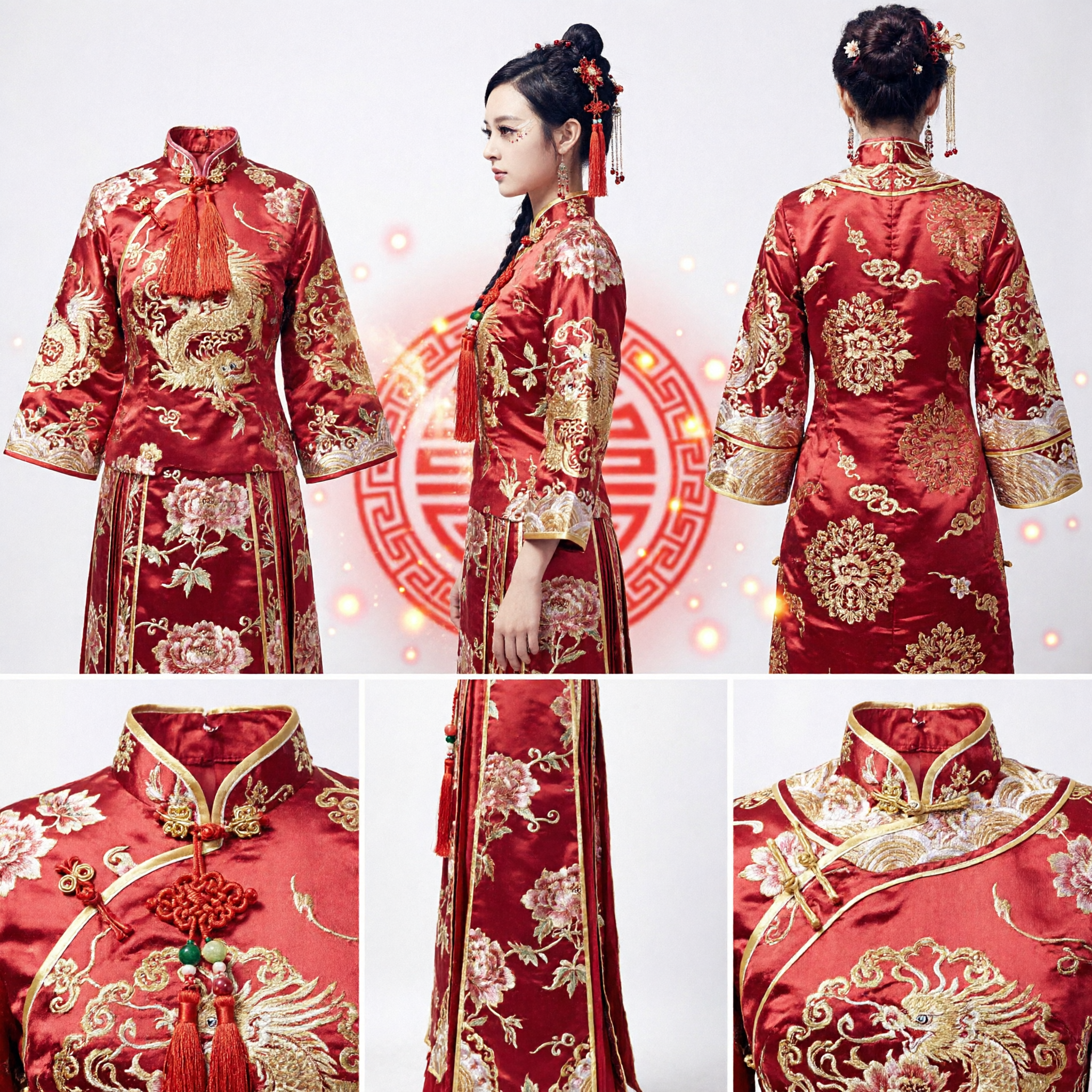 Elegant Red Traditional Chinese Qipao Dress Women's Embroidered Cheongsam Costume for Wedding and New Year Celebration