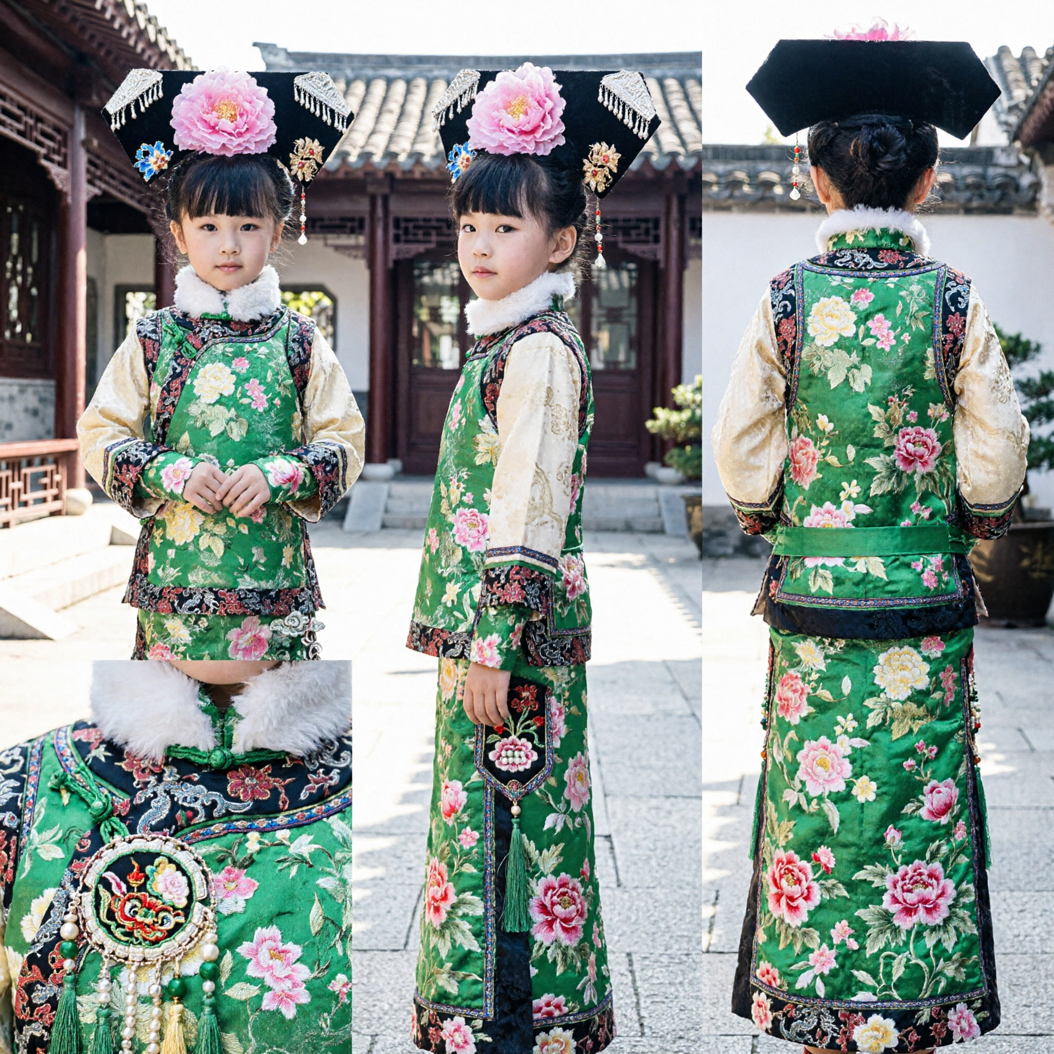 Kids Girls Traditional Chinese Qing Dynasty Princess Costume Green Velvet Floral Dress with Headdress for Performance