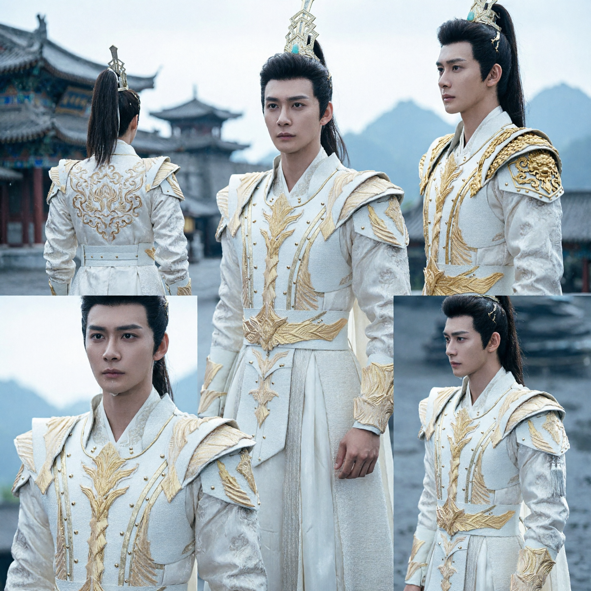 Men's White and Gold Chinese Ancient Prince Warrior Costume Xianxia Cosplay Traditional Hanfu Outfit for Men