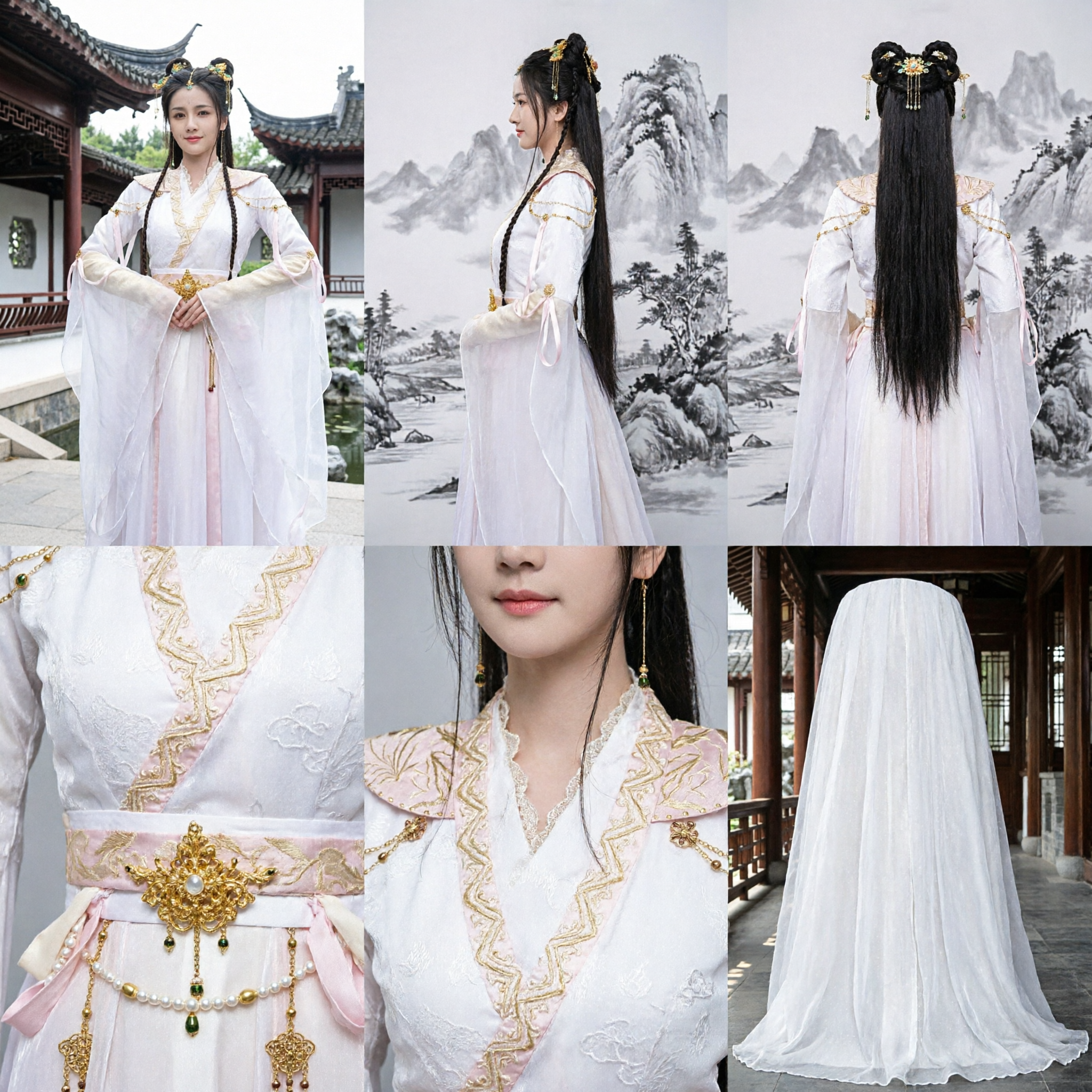 Chinese Ancient Style White Hanfu Dress Traditional Fairy Costume with Gold Embroidery for Women
