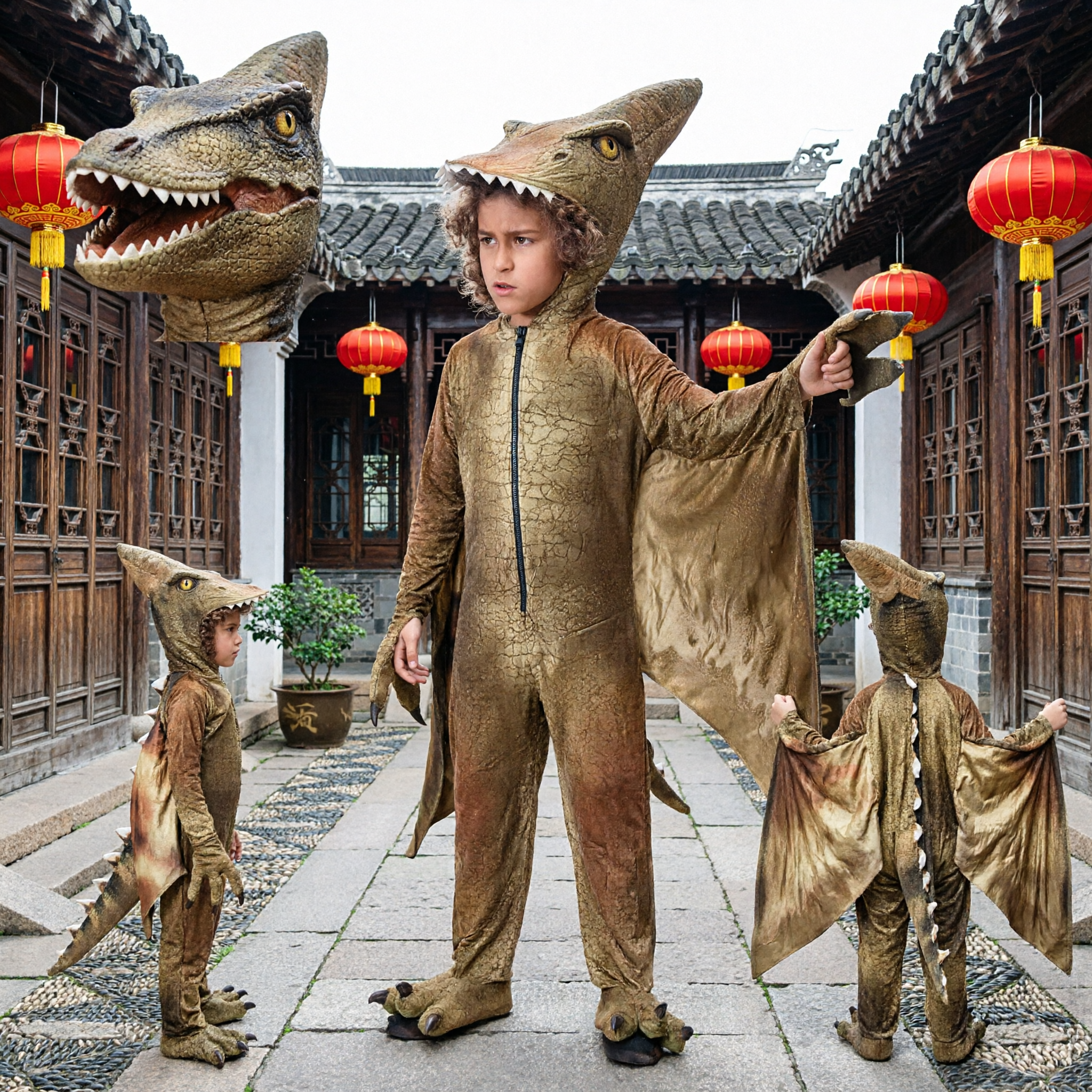 Kids Pterodactyl Dinosaur Costume Halloween Fancy Dress Up Outfit with Wings and Hood for Boys Girls