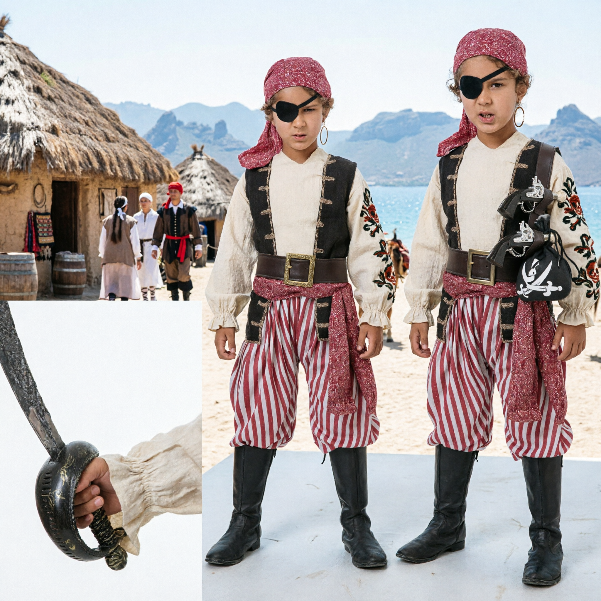 Kids Caribbean Pirate Captain Costume Boys Halloween Dress Up Outfit with Sword and Accessories