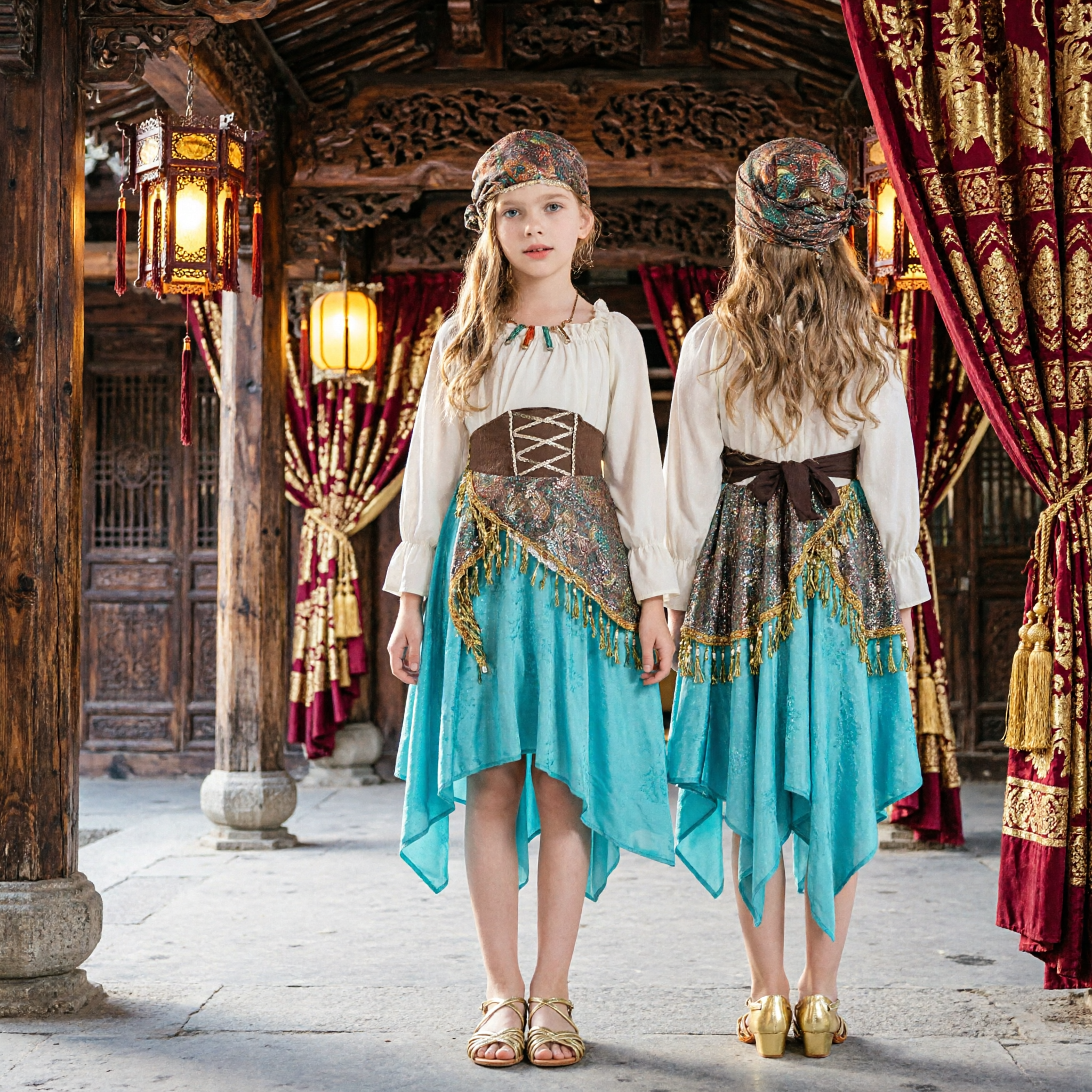 Kids Girls Pirate Princess Costume Set Halloween Gypsy Dancer Cosplay Outfit with Headscarf and Skirt