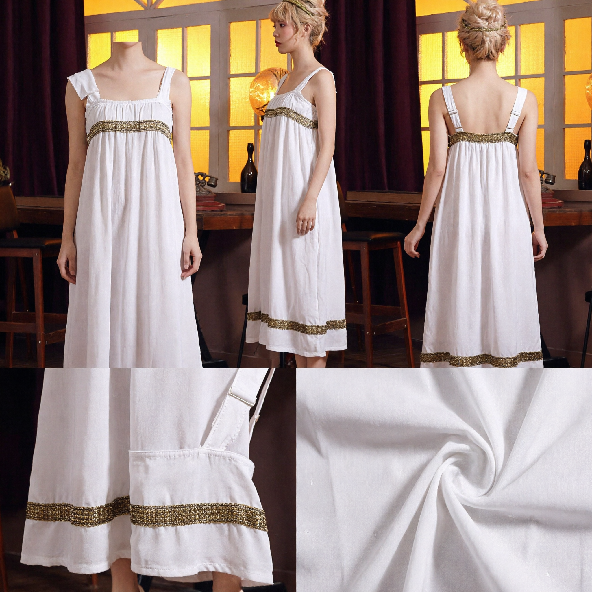 Elegant White Vintage Long Nightgown Classical Cotton Sleepwear Dress with Gold Trim for Women