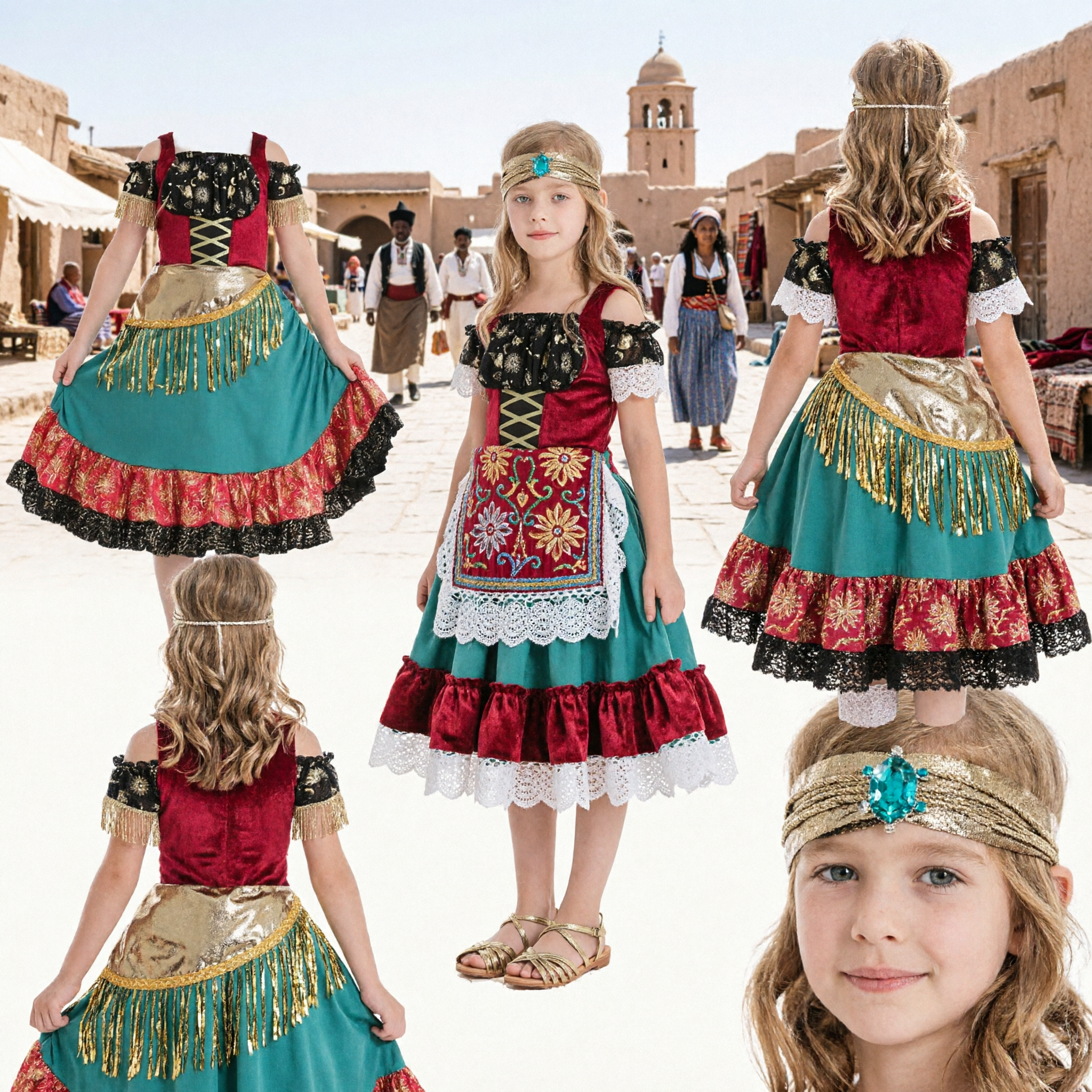 Girls Spanish Gypsy Costume Flamenco Dancer Dress with Fringe Skirt and Headband for Halloween Carnival