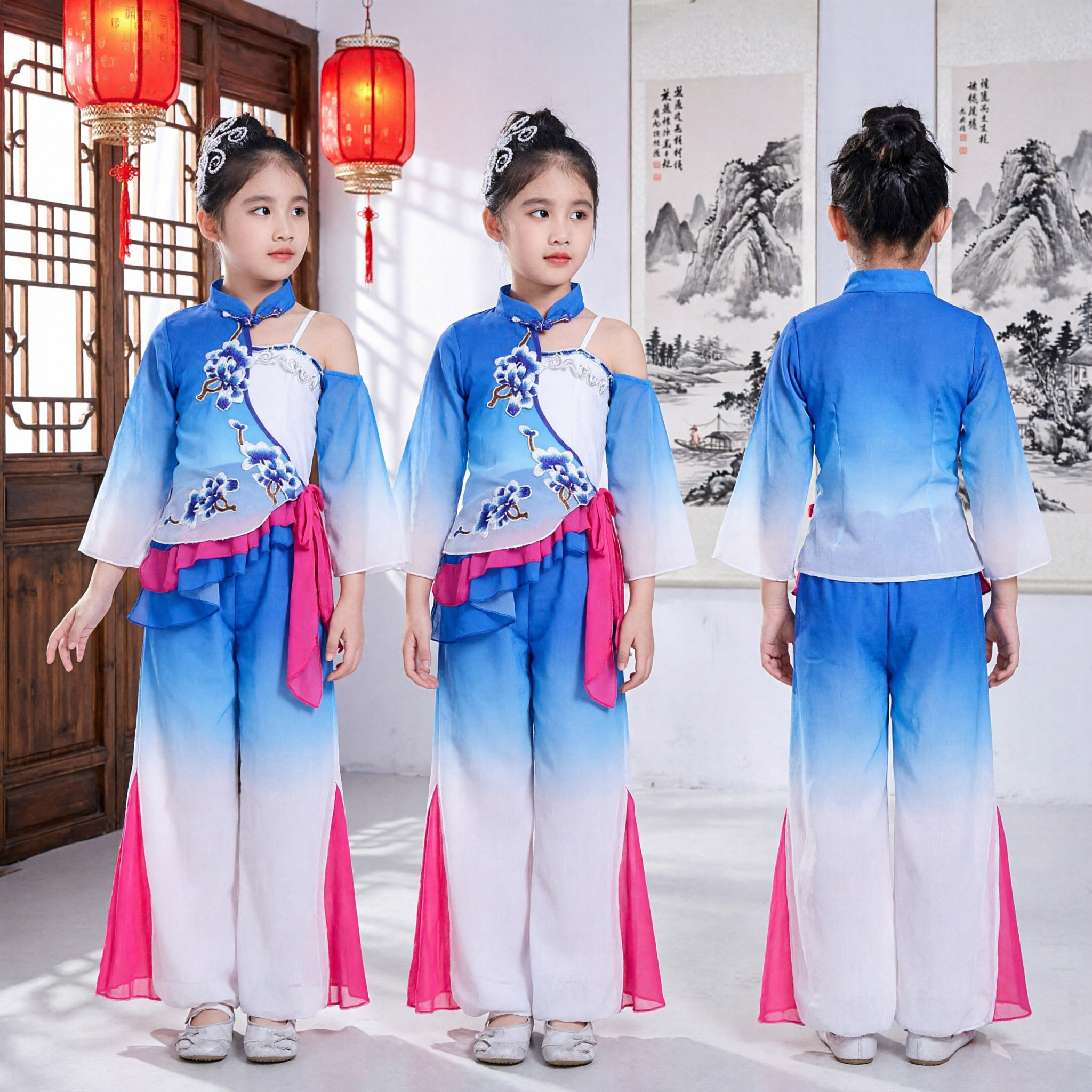 Kids Chinese Classical Dance Costume Girls Blue Floral Embroidery Folk Performance Outfit with Wide Pants