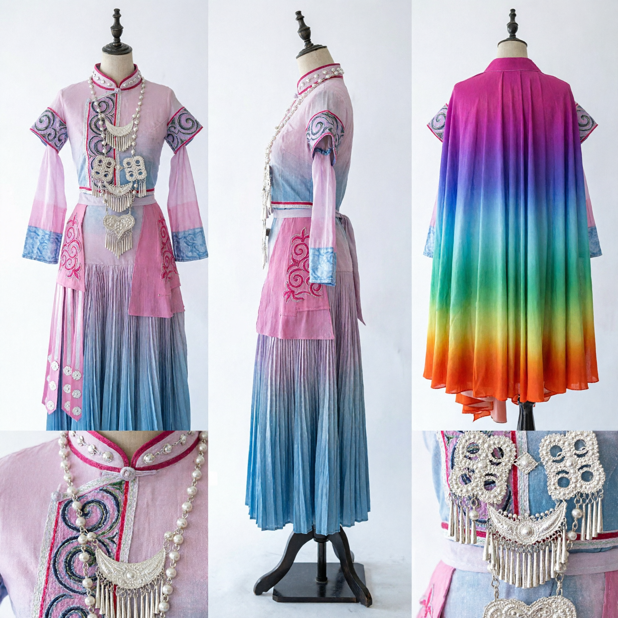 Women's Traditional Chinese Fairy Costume Pink Blue Hanfu Dress with Rainbow Cape for Stage Performance